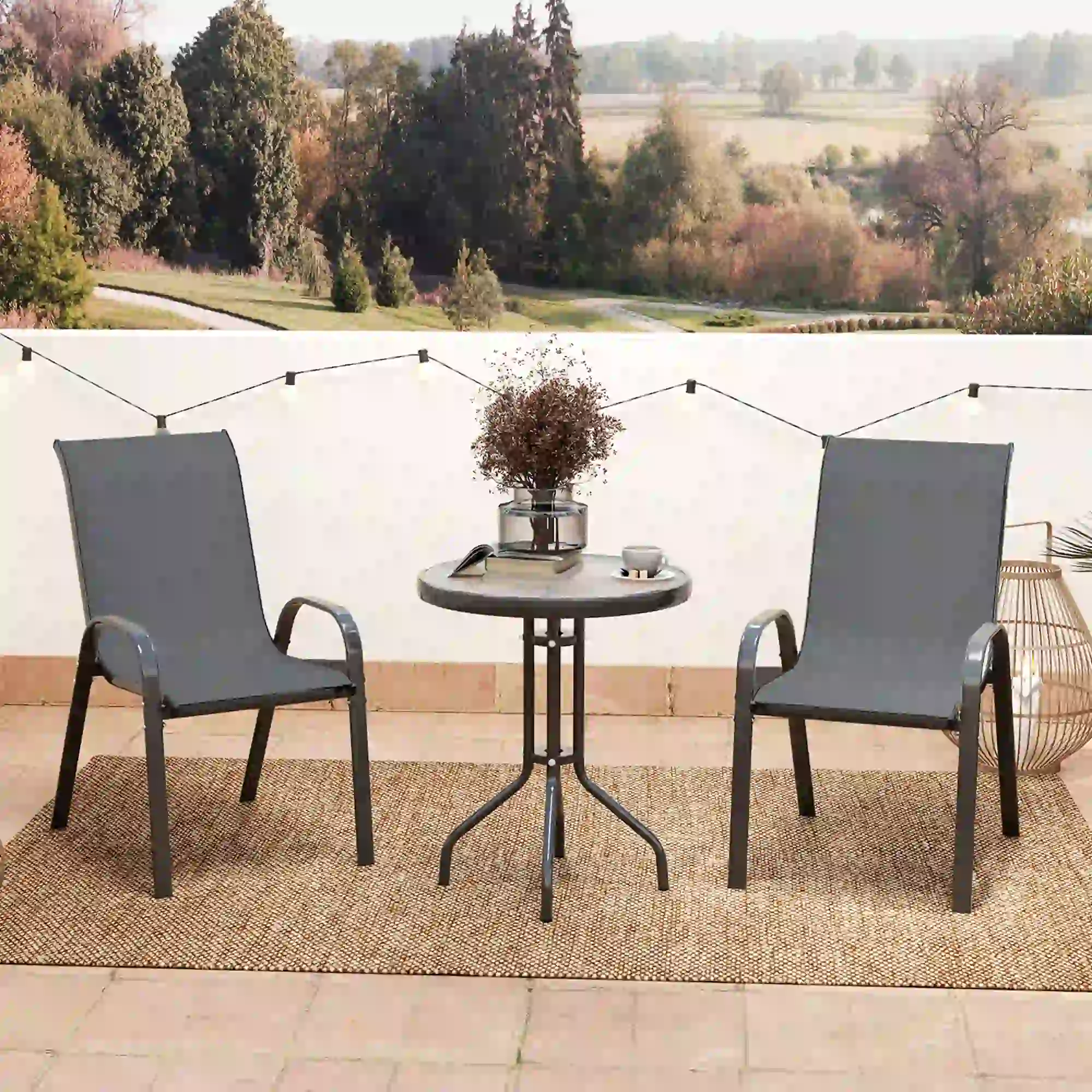 3 Piece Bistro Set, Stackable Mesh Chairs, Glass Table, Dark Grey - Image 8