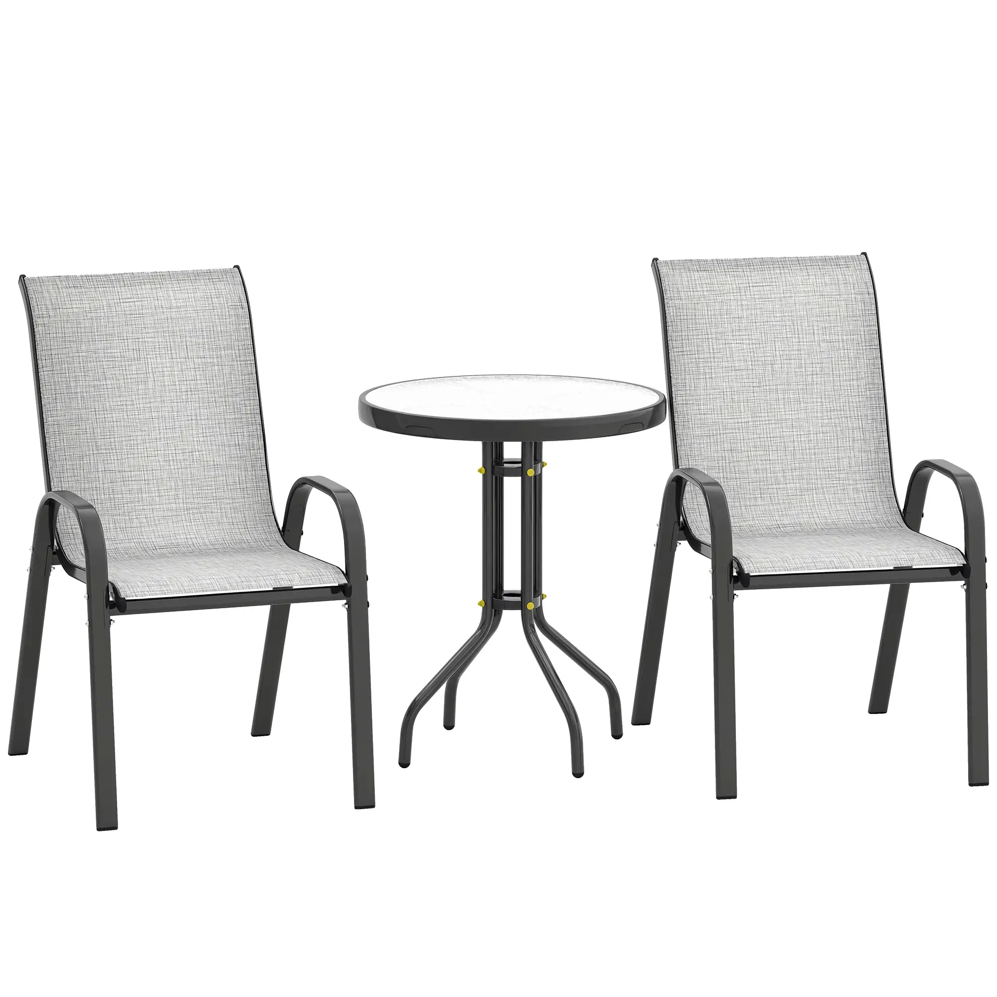 3 Piece Bistro Set, Stackable Mesh Chairs, Glass Table, Grey - Image 11