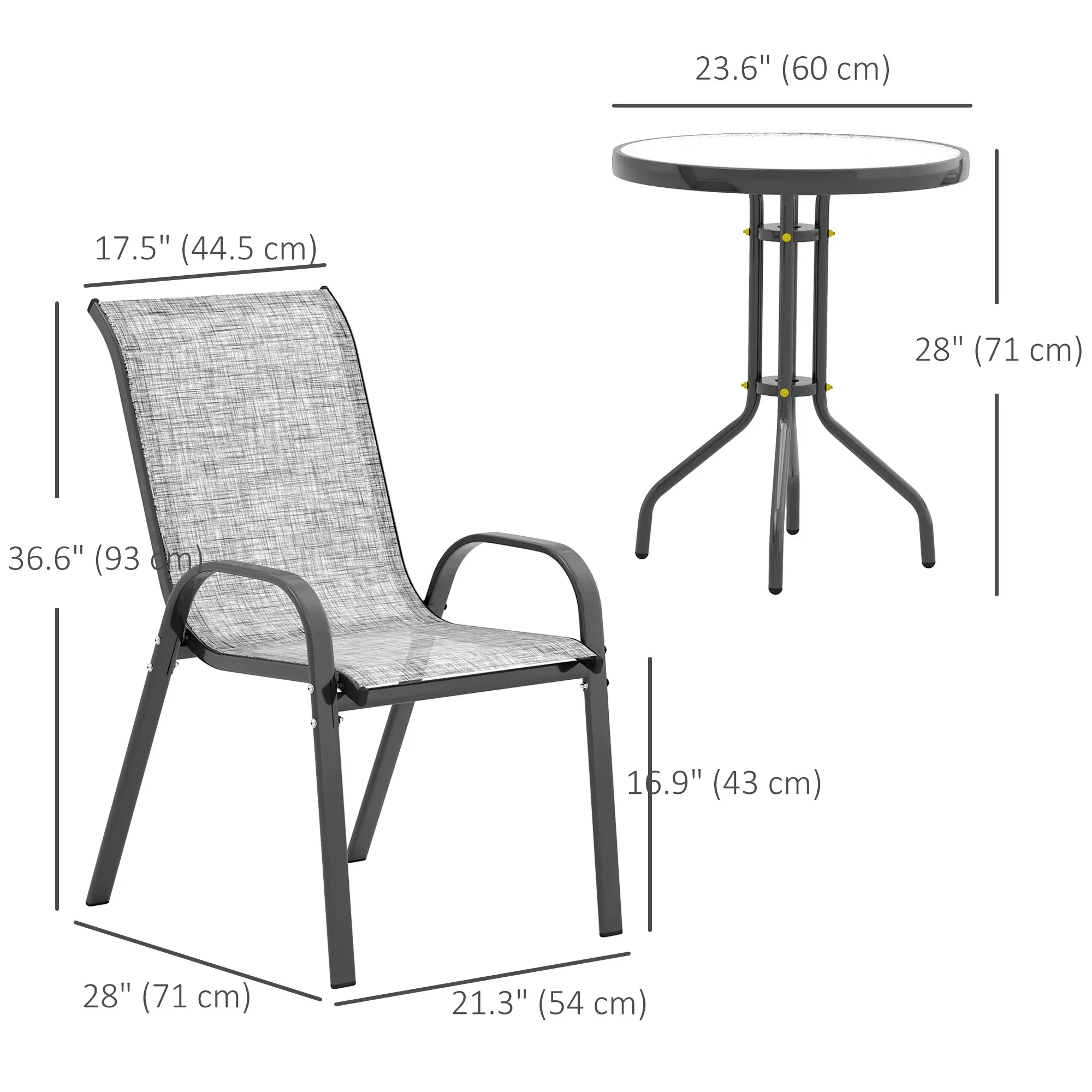 3 Piece Bistro Set, Stackable Mesh Chairs, Glass Table, Grey - Image 3