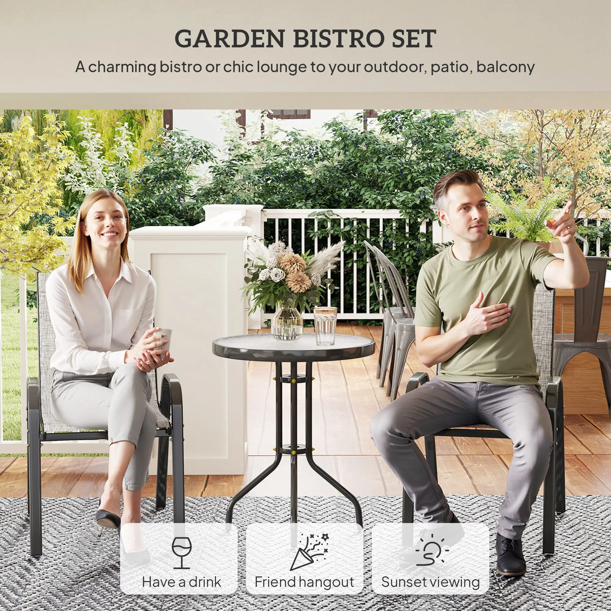 3 Piece Bistro Set, Stackable Mesh Chairs, Glass Table, Grey - Image 4
