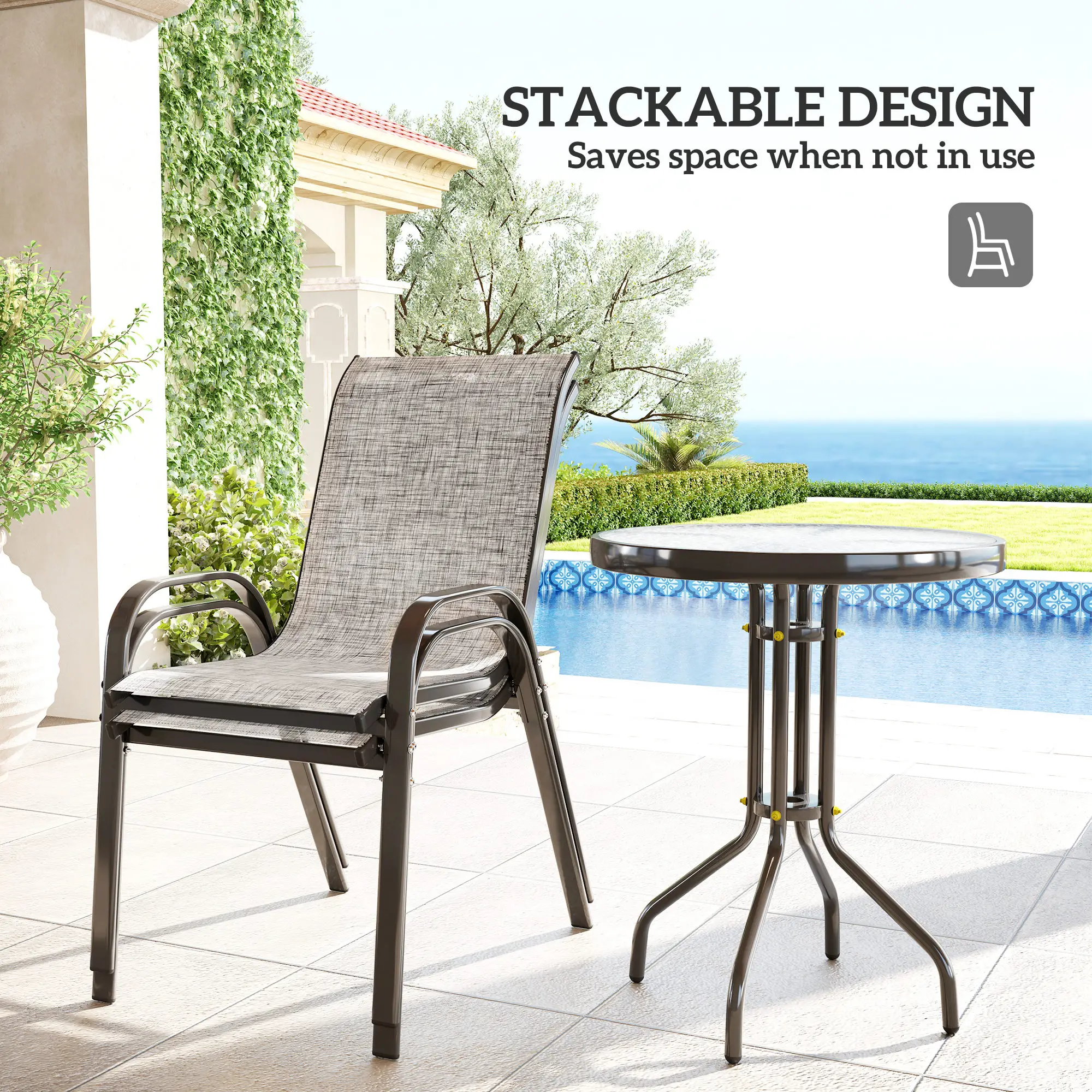3 Piece Bistro Set, Stackable Mesh Chairs, Glass Table, Grey - Image 5