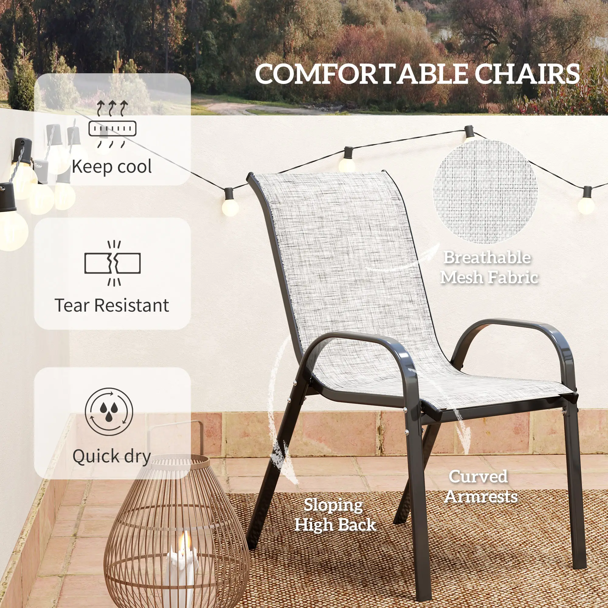 3 Piece Bistro Set, Stackable Mesh Chairs, Glass Table, Grey - Image 6