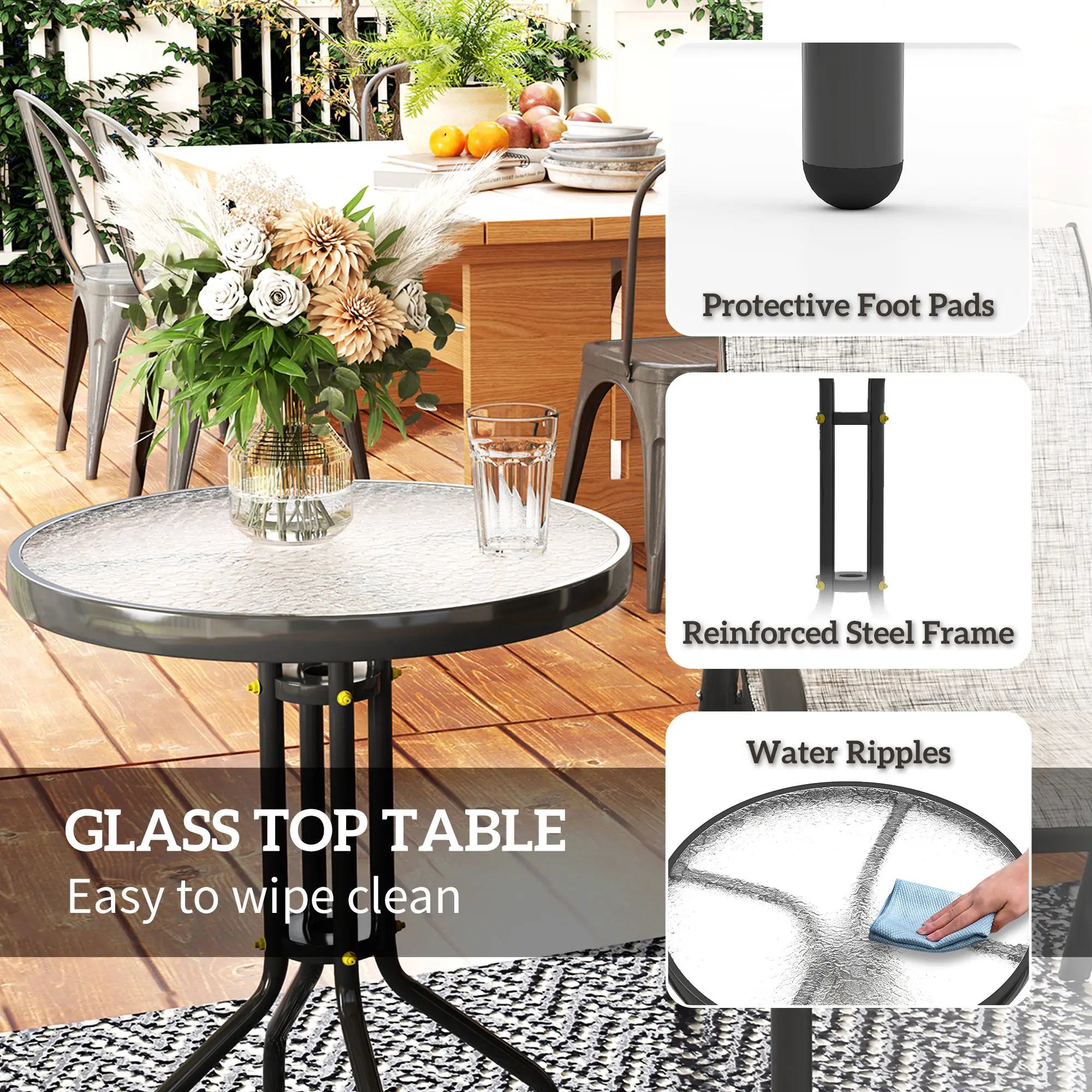 3 Piece Bistro Set, Stackable Mesh Chairs, Glass Table, Grey - Image 7