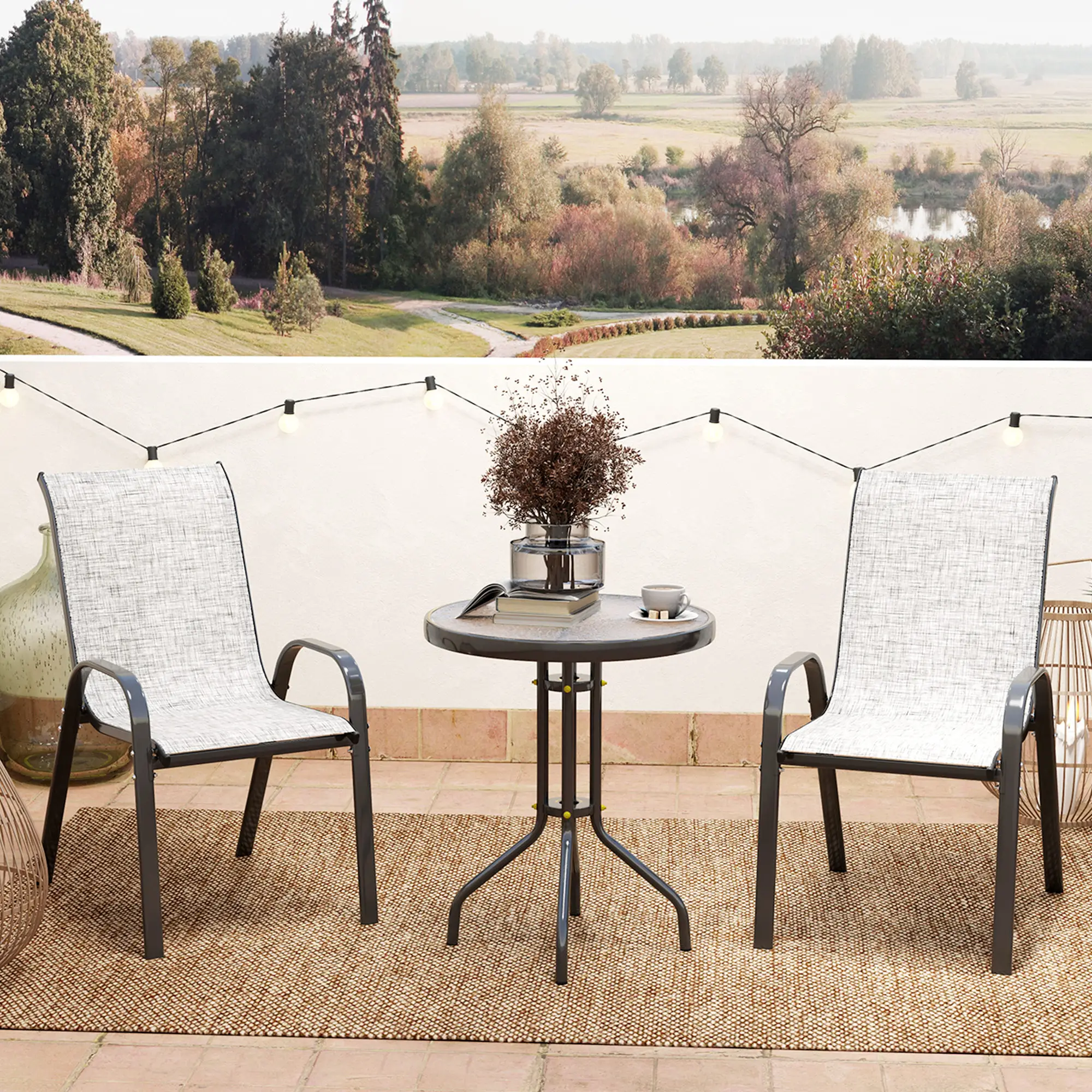3 Piece Bistro Set, Stackable Mesh Chairs, Glass Table, Grey - Image 8