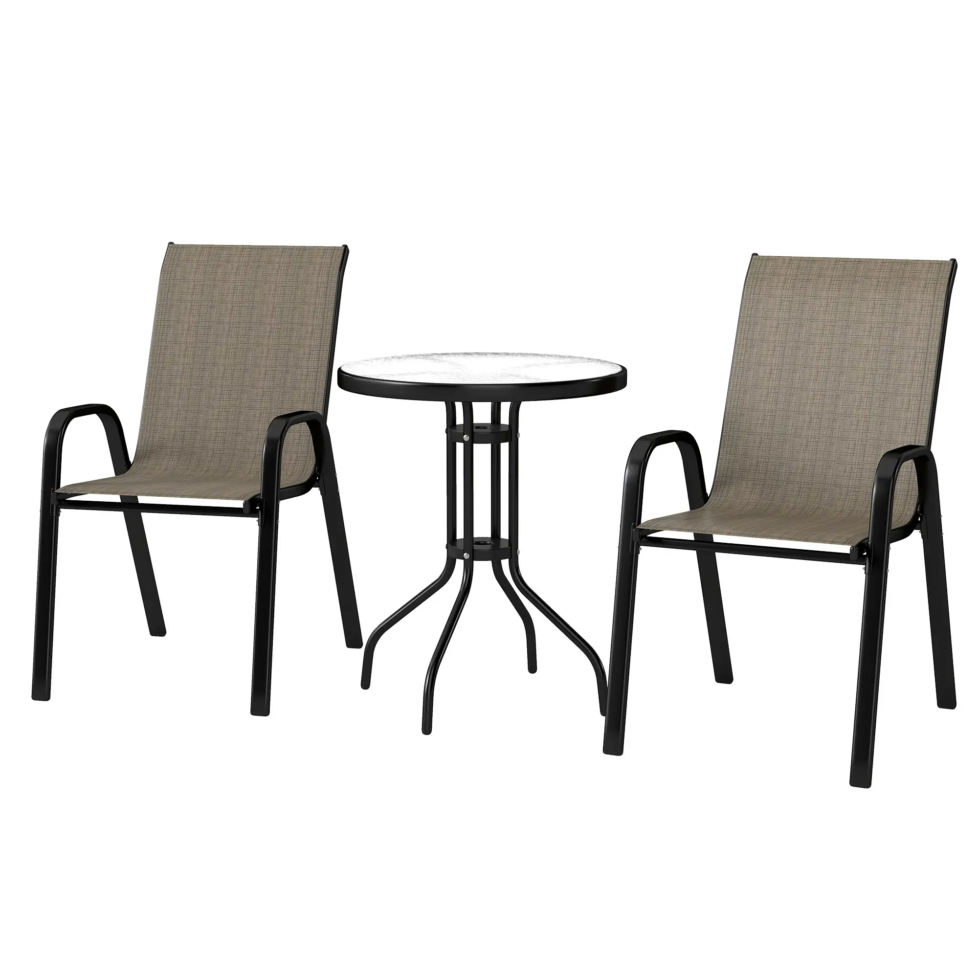 3 Piece Bistro Set with Mesh Chairs, Glass Table, Light Mixed Brown