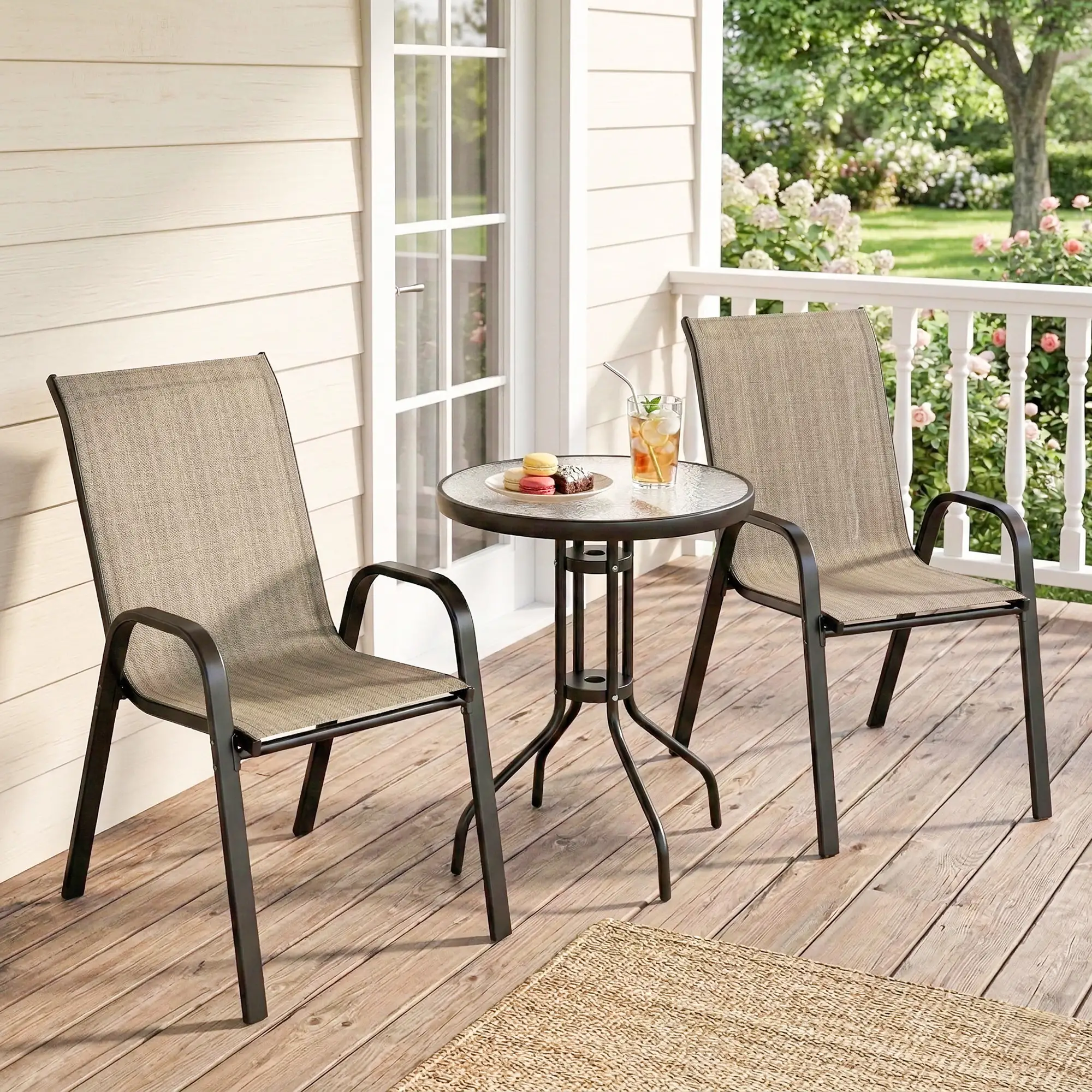 3 Piece Bistro Set with Mesh Chairs, Glass Table, Light Mixed Brown - Image 10