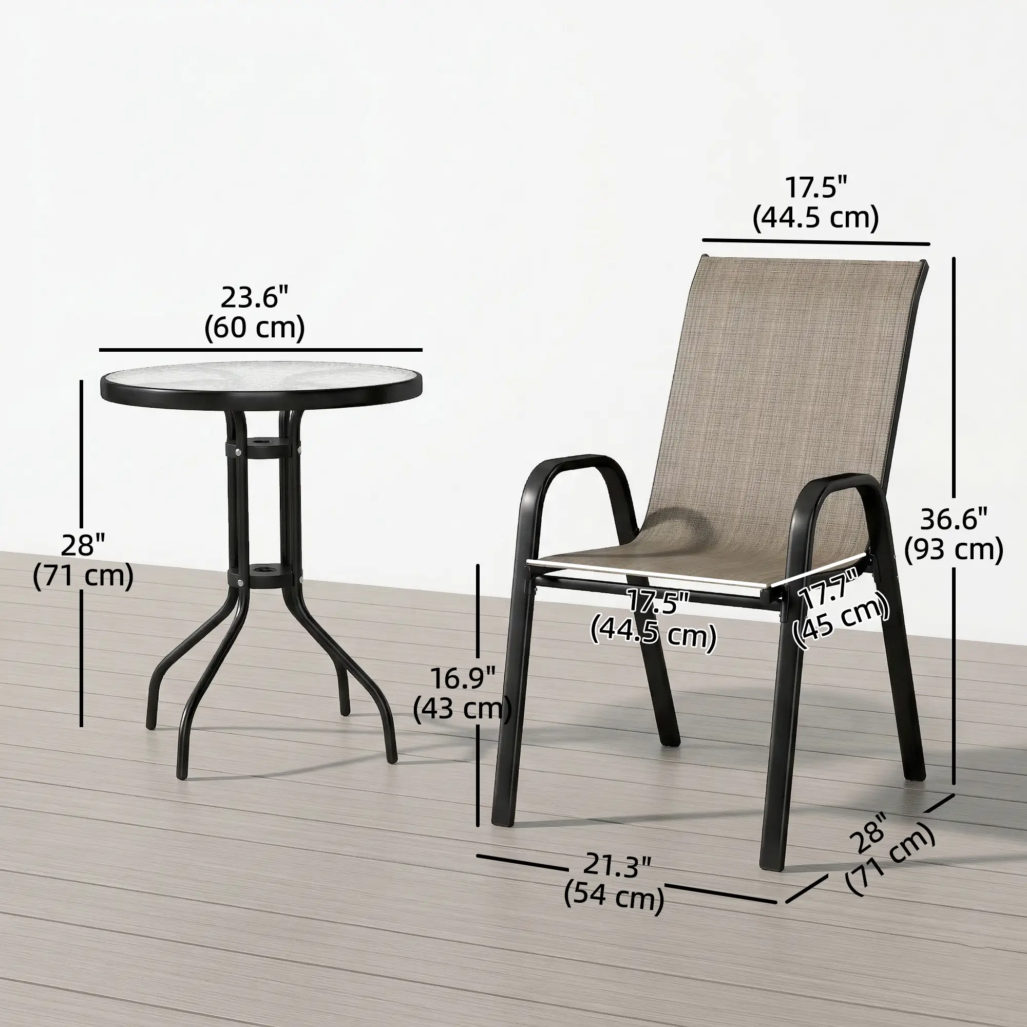 3 Piece Bistro Set with Mesh Chairs, Glass Table, Light Mixed Brown - Image 3