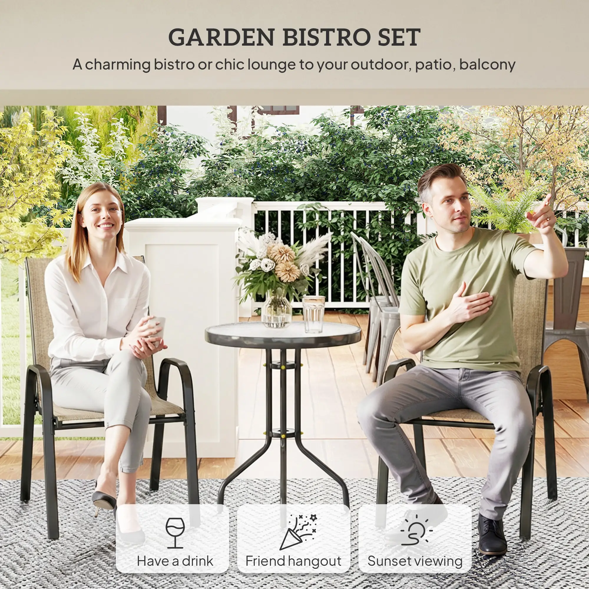 3 Piece Bistro Set with Mesh Chairs, Glass Table, Light Mixed Brown - Image 4