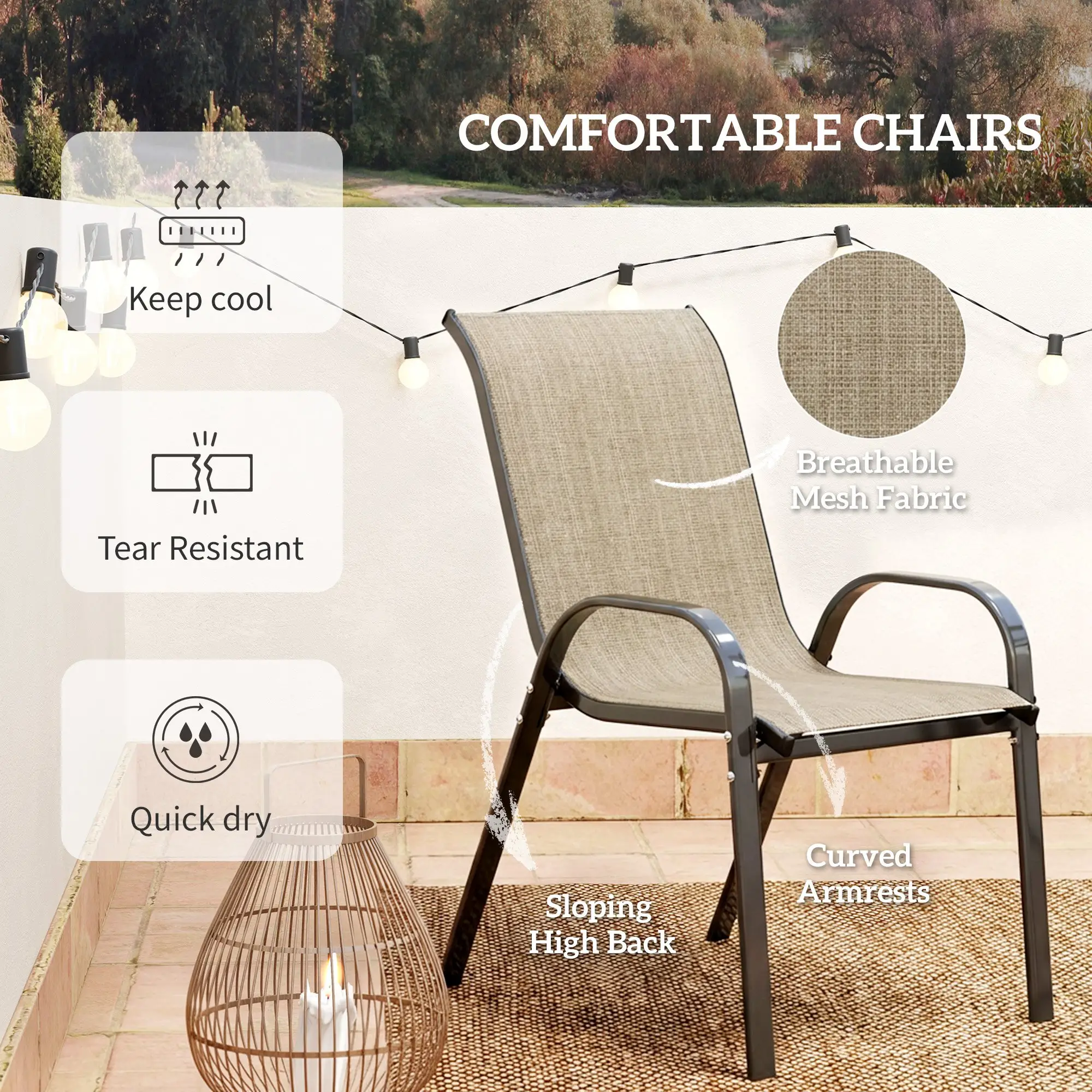 3 Piece Bistro Set with Mesh Chairs, Glass Table, Light Mixed Brown - Image 6