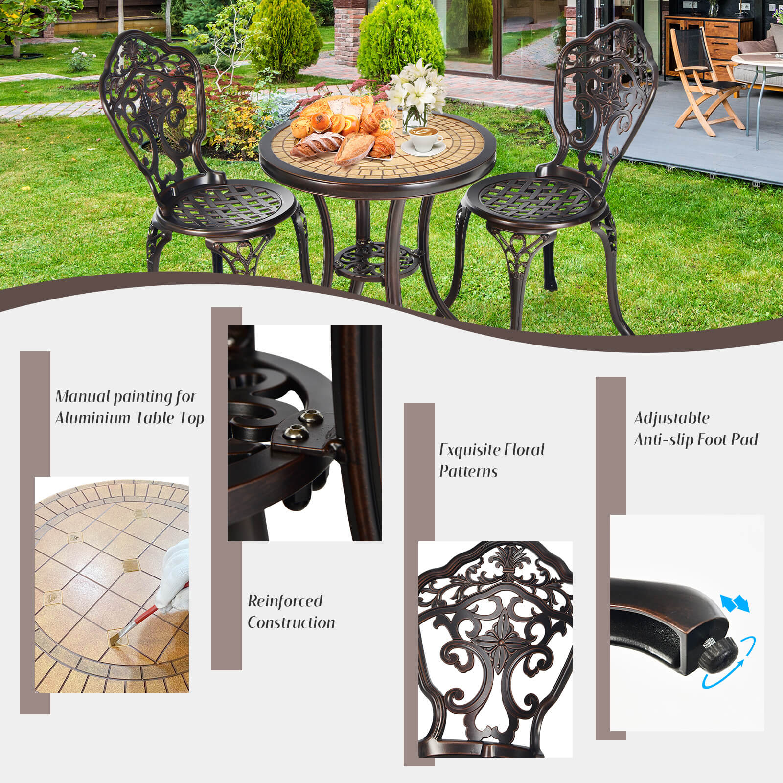 3-Piece Cast Aluminum Patio Bistro Set, Copper - Image 10