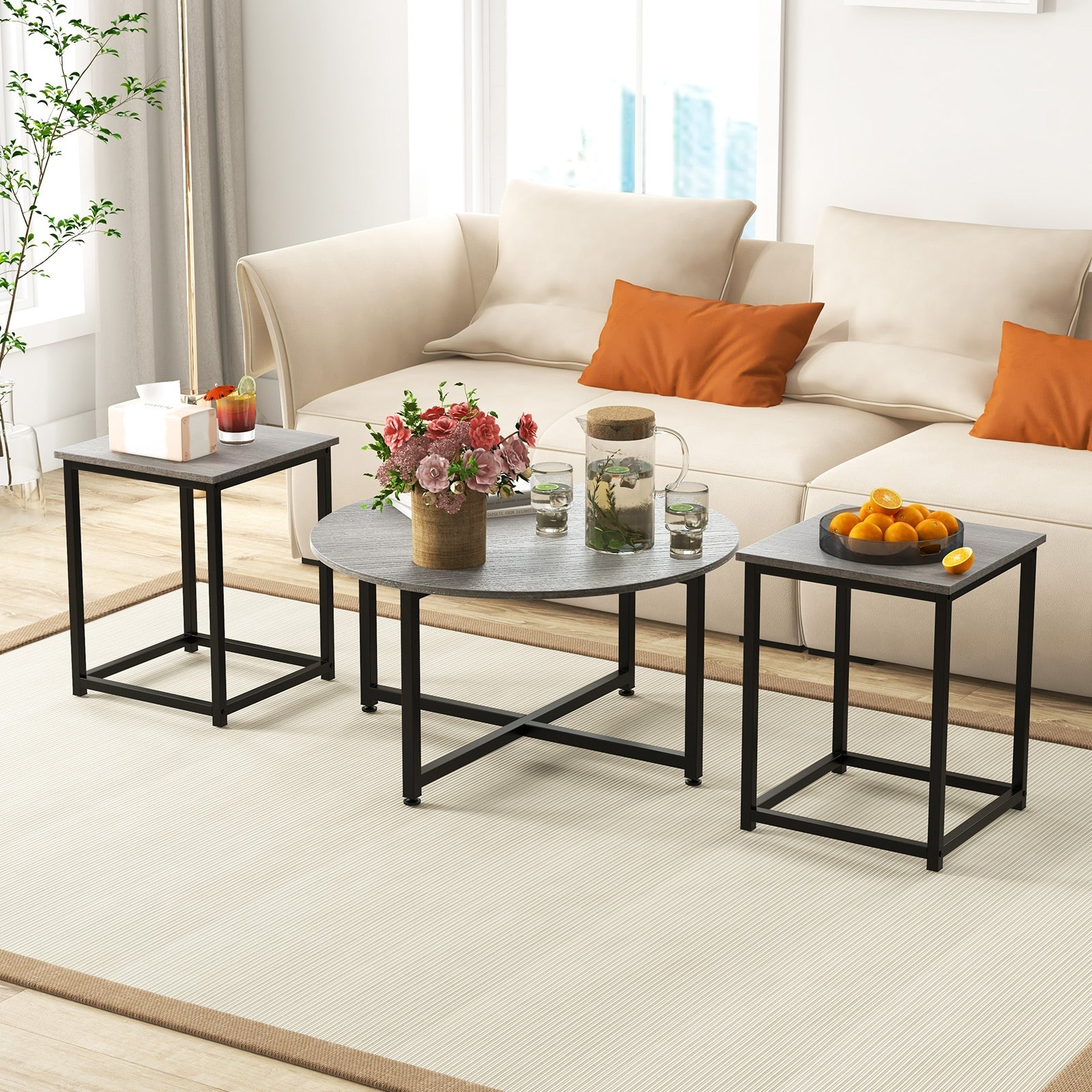 3-Piece Coffee Table Set, Round And 2 Square End Tables, Gray - Image 2