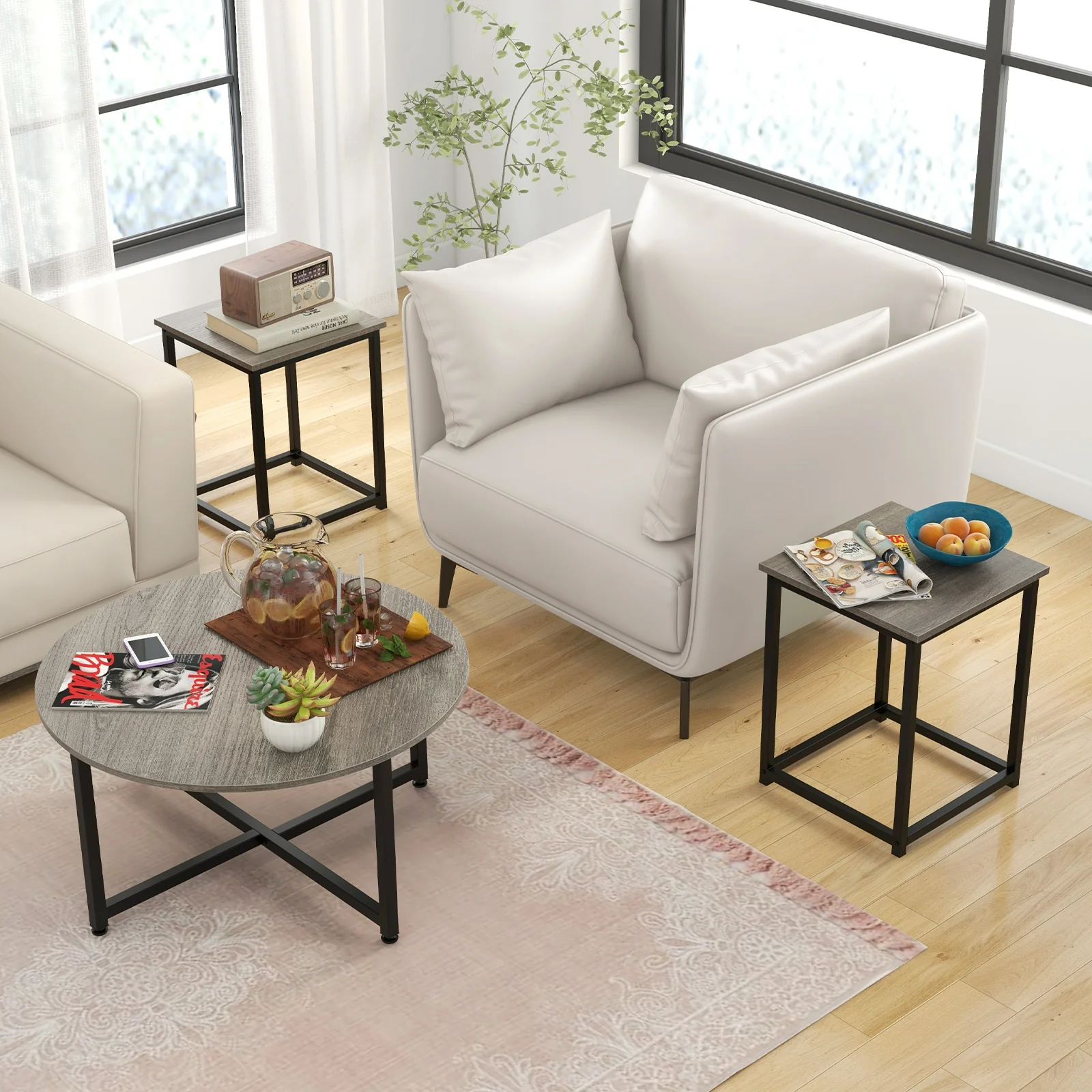 3-Piece Coffee Table Set, Round And 2 Square End Tables, Gray - Image 7