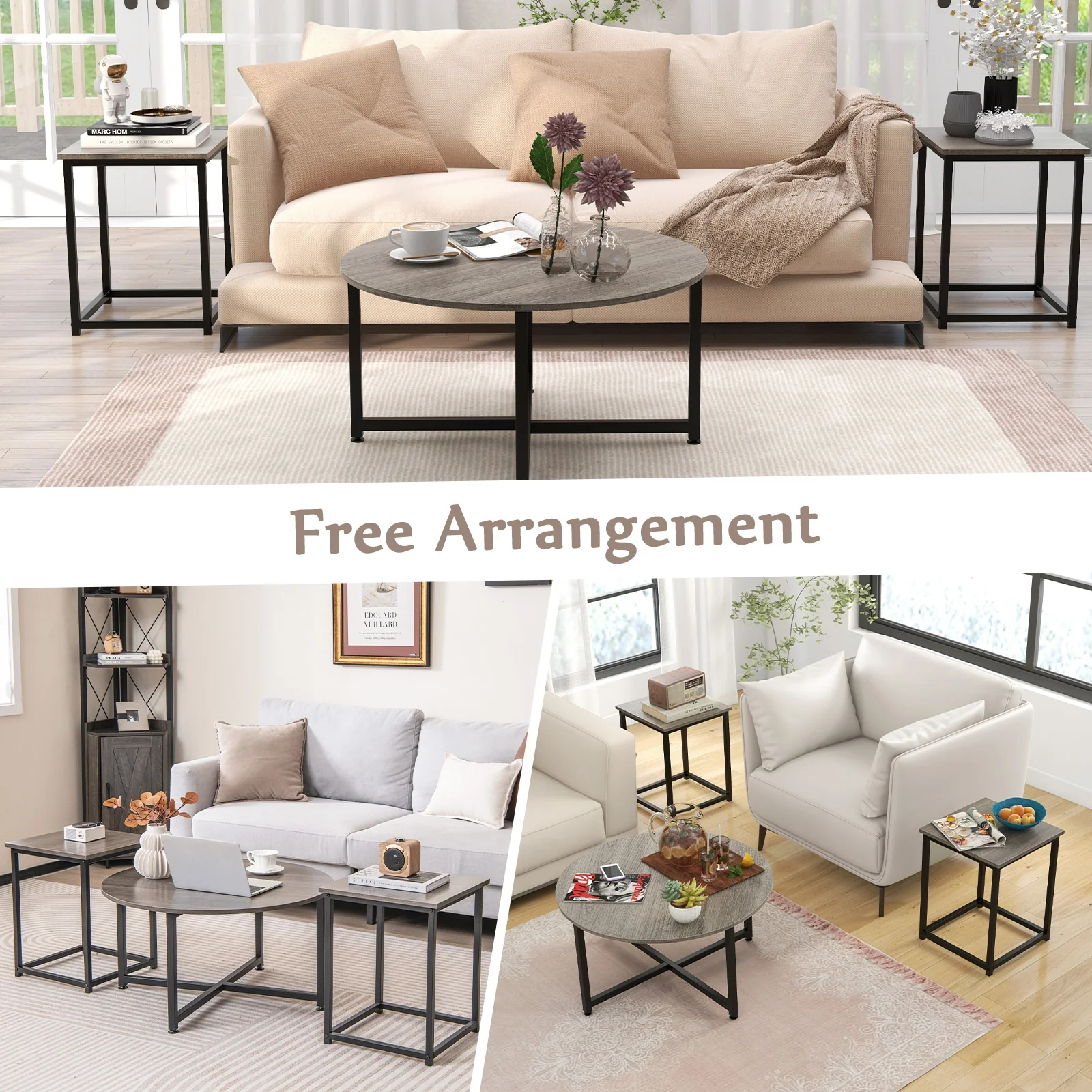 3-Piece Coffee Table Set, Round And 2 Square End Tables, Gray - Image 9