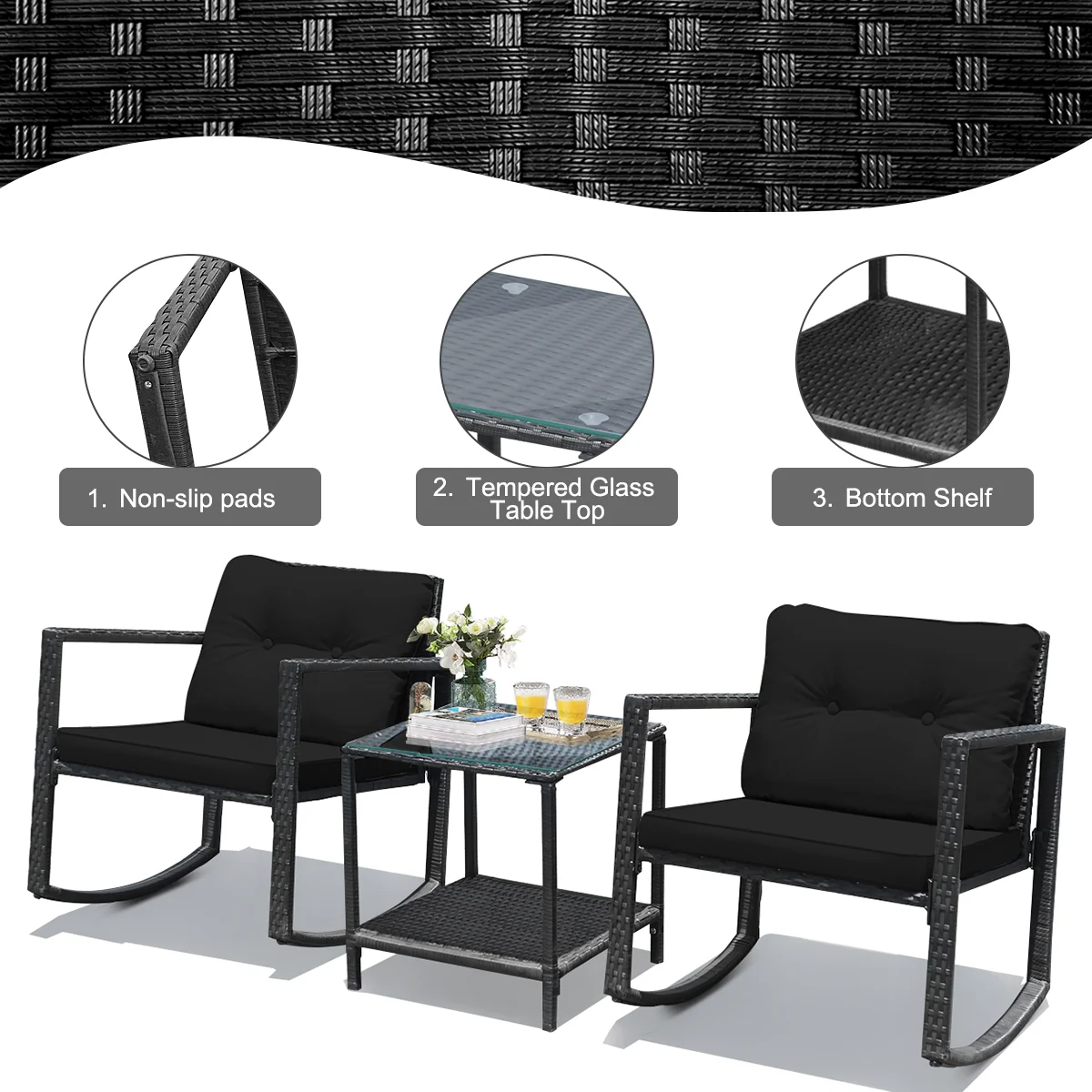 3 Piece Cushioned Patio Rattan Set, Rocking Chair, Table, Black - Image 10