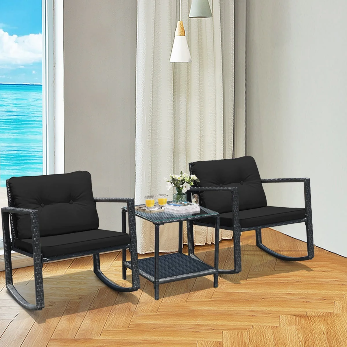3 Piece Cushioned Patio Rattan Set, Rocking Chair, Table, Black - Image 2