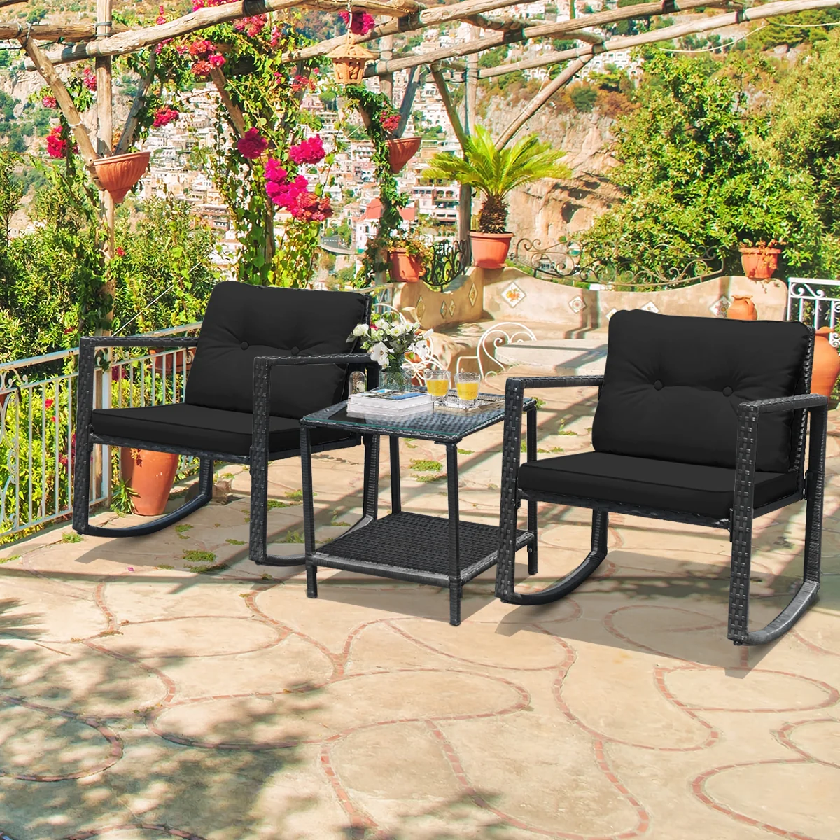 3 Piece Cushioned Patio Rattan Set, Rocking Chair, Table, Black - Image 3