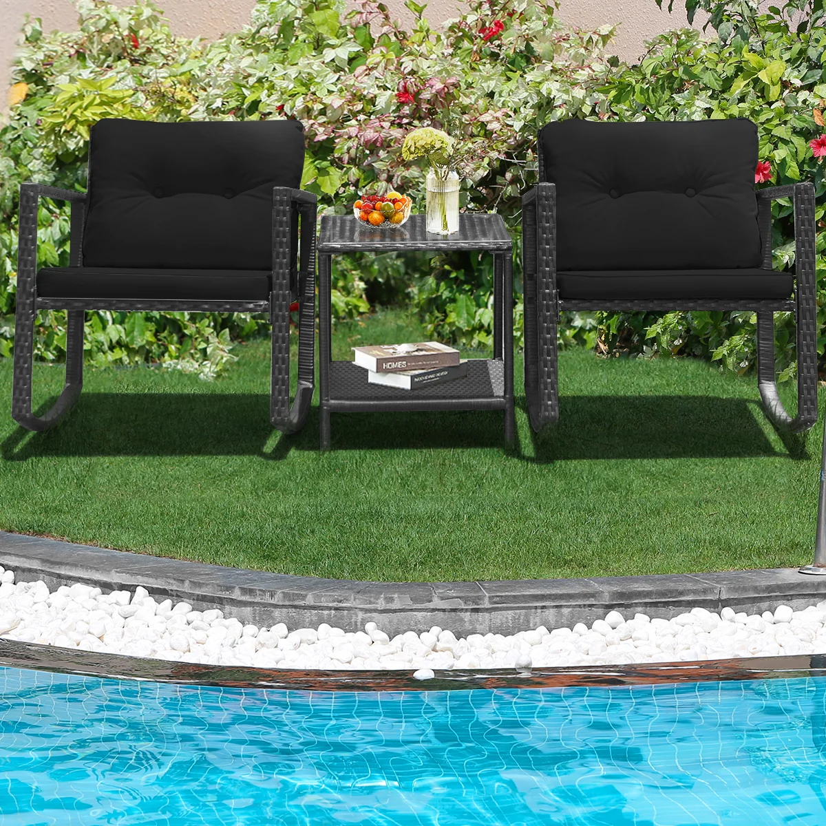 3 Piece Cushioned Patio Rattan Set, Rocking Chair, Table, Black - Image 7