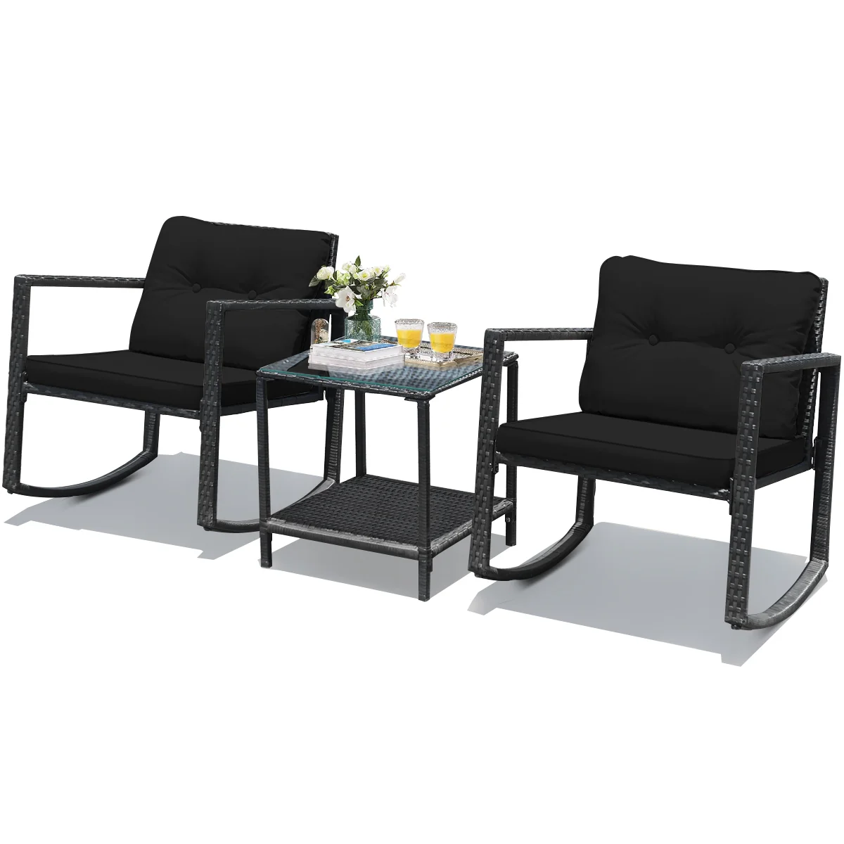 3 Piece Cushioned Patio Rattan Set, Rocking Chair, Table, Black - Image 8