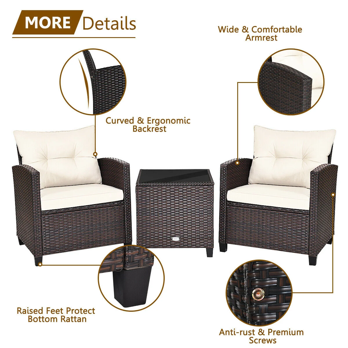 3 Piece Cushioned Rattan Patio Set, Coffee Table, White - Image 10