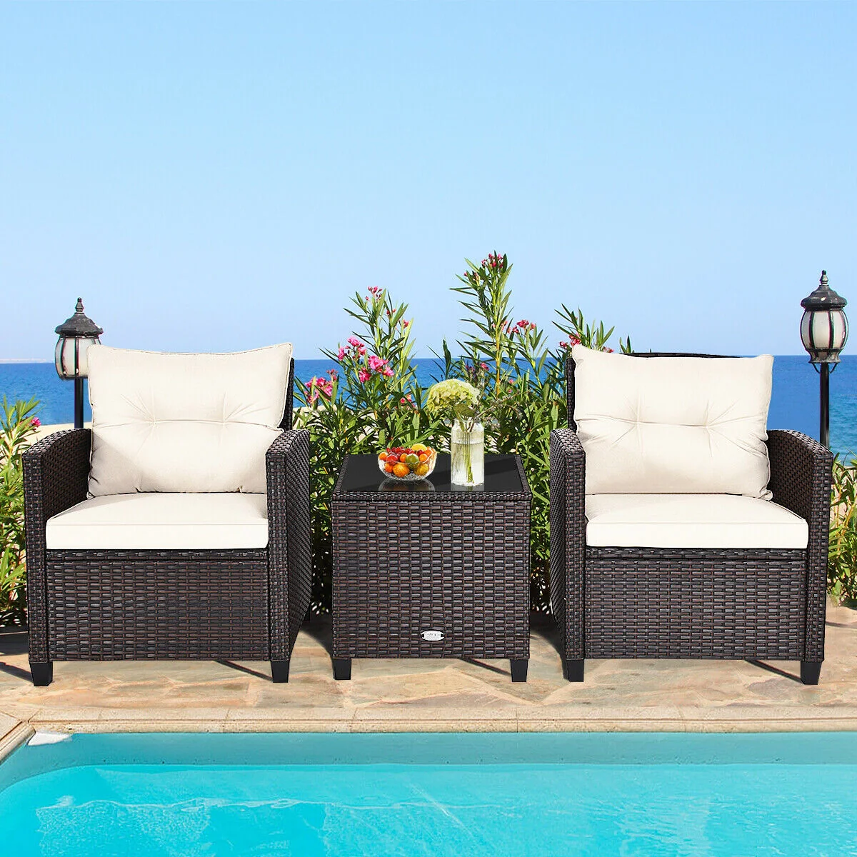 3 Piece Cushioned Rattan Patio Set, Coffee Table, White - Image 2