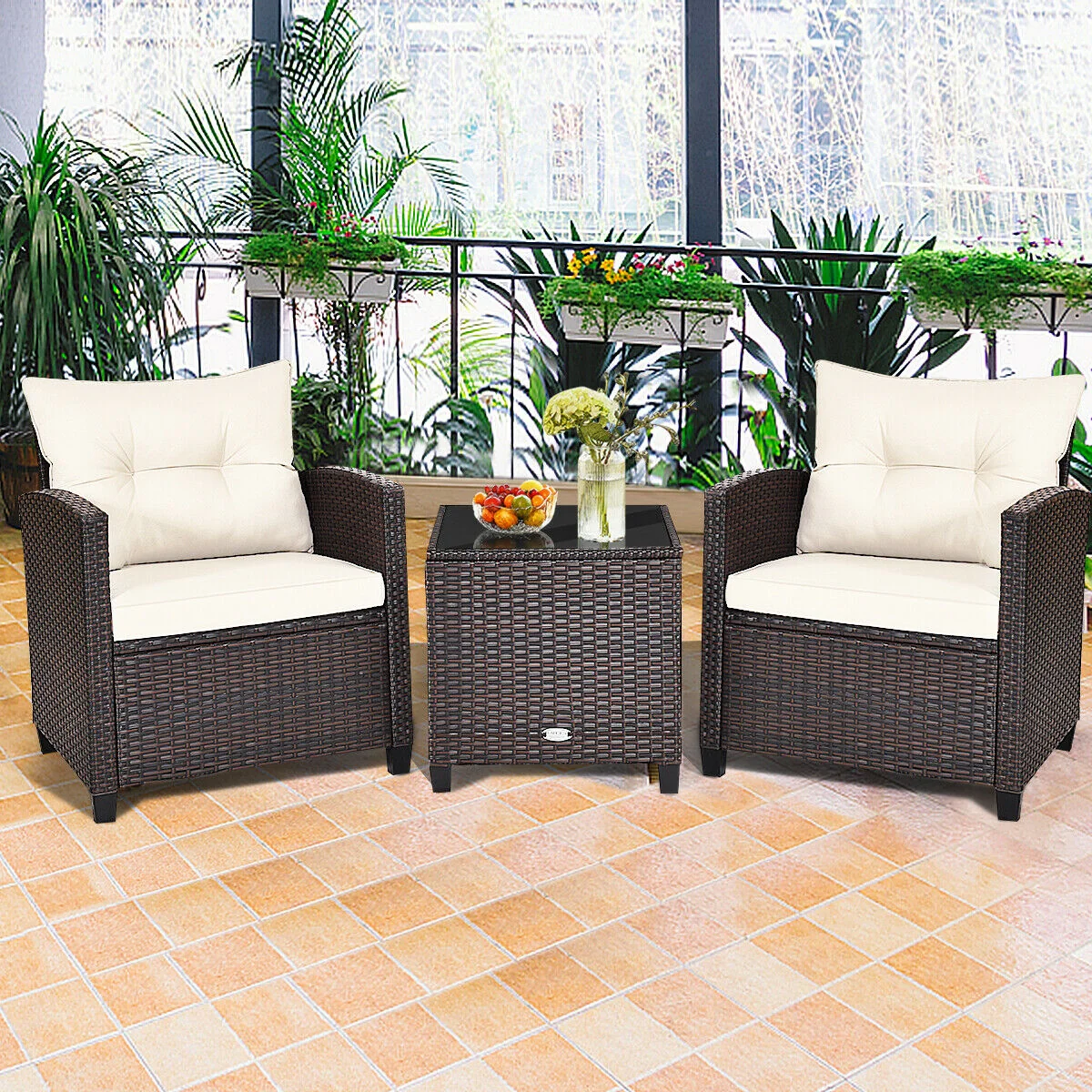 3 Piece Cushioned Rattan Patio Set, Coffee Table, White - Image 3