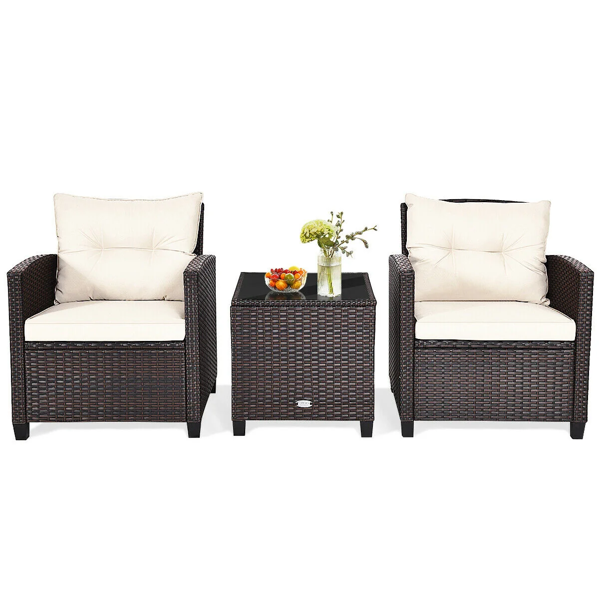 3 Piece Cushioned Rattan Patio Set, Coffee Table, White - Image 5