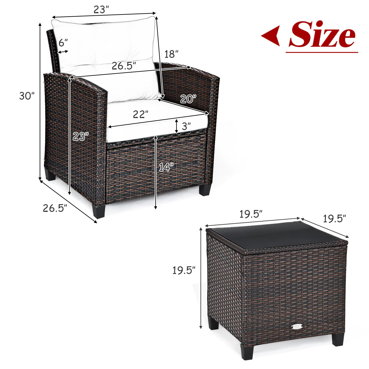 3 Piece Cushioned Rattan Patio Set, Coffee Table, White - Image 6