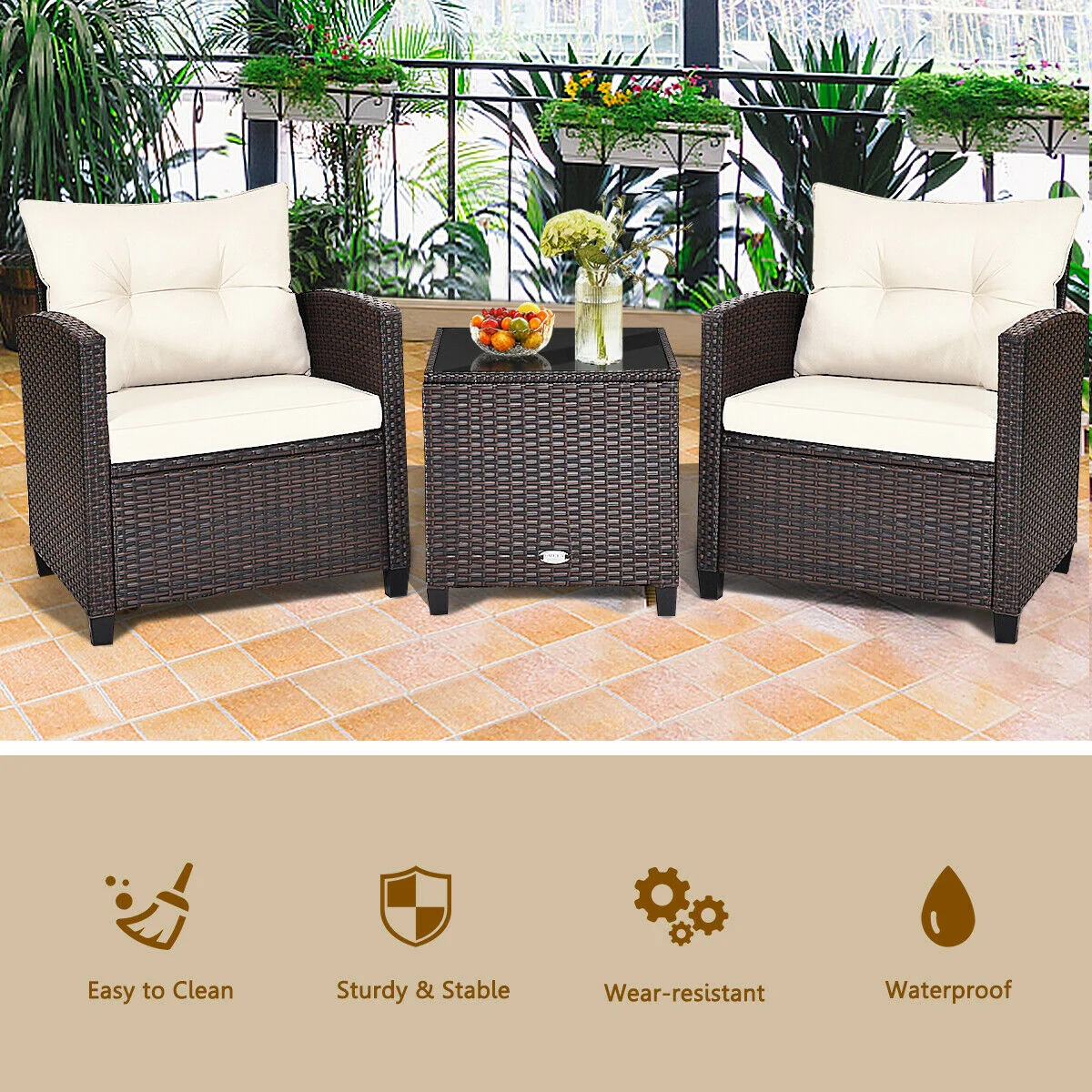 3 Piece Cushioned Rattan Patio Set, Coffee Table, White - Image 7