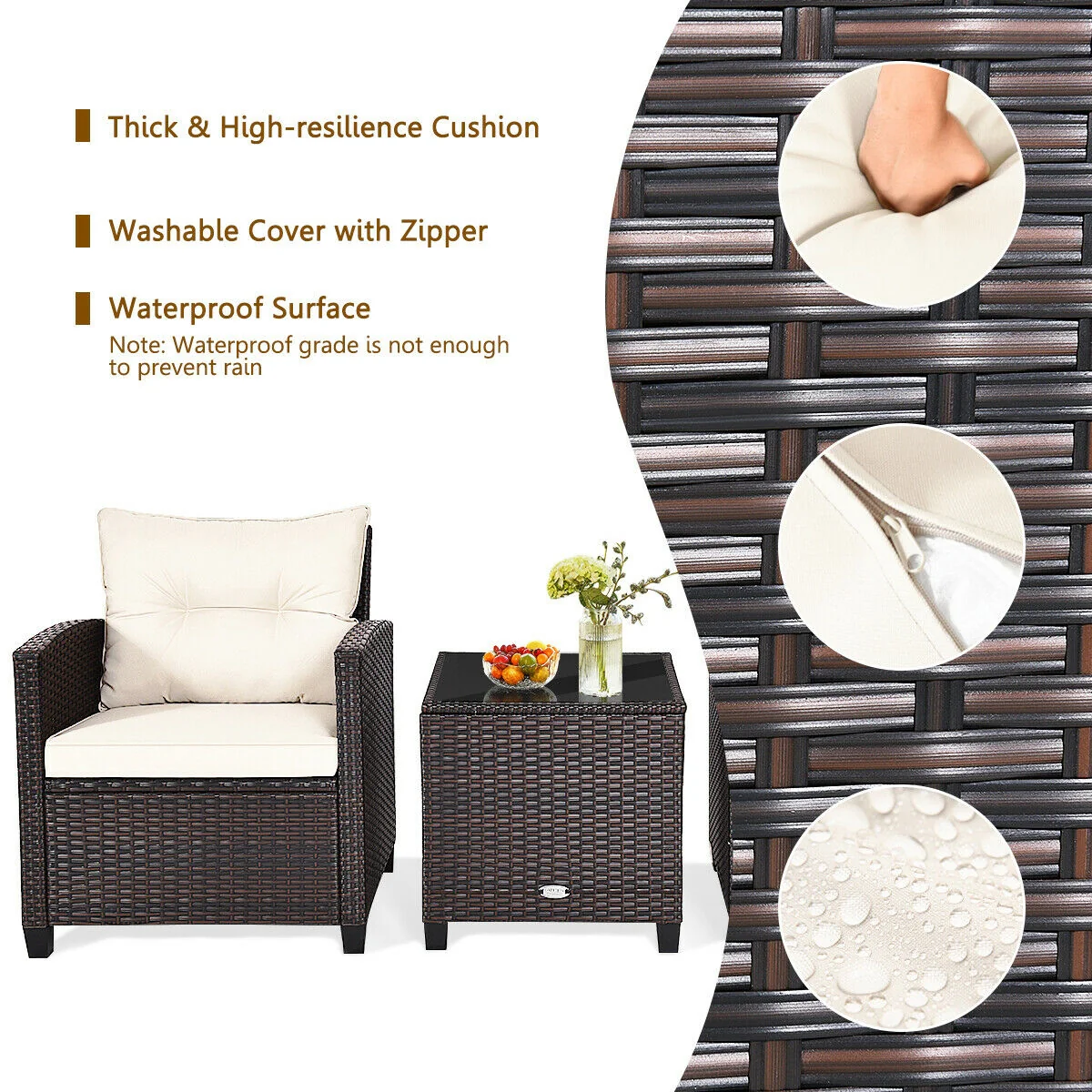 3 Piece Cushioned Rattan Patio Set, Coffee Table, White - Image 8