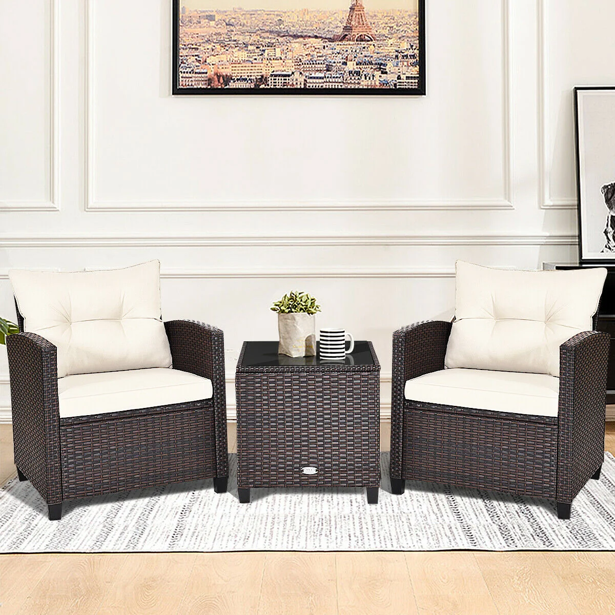 3 Piece Cushioned Rattan Patio Set, Coffee Table, White - Image 9