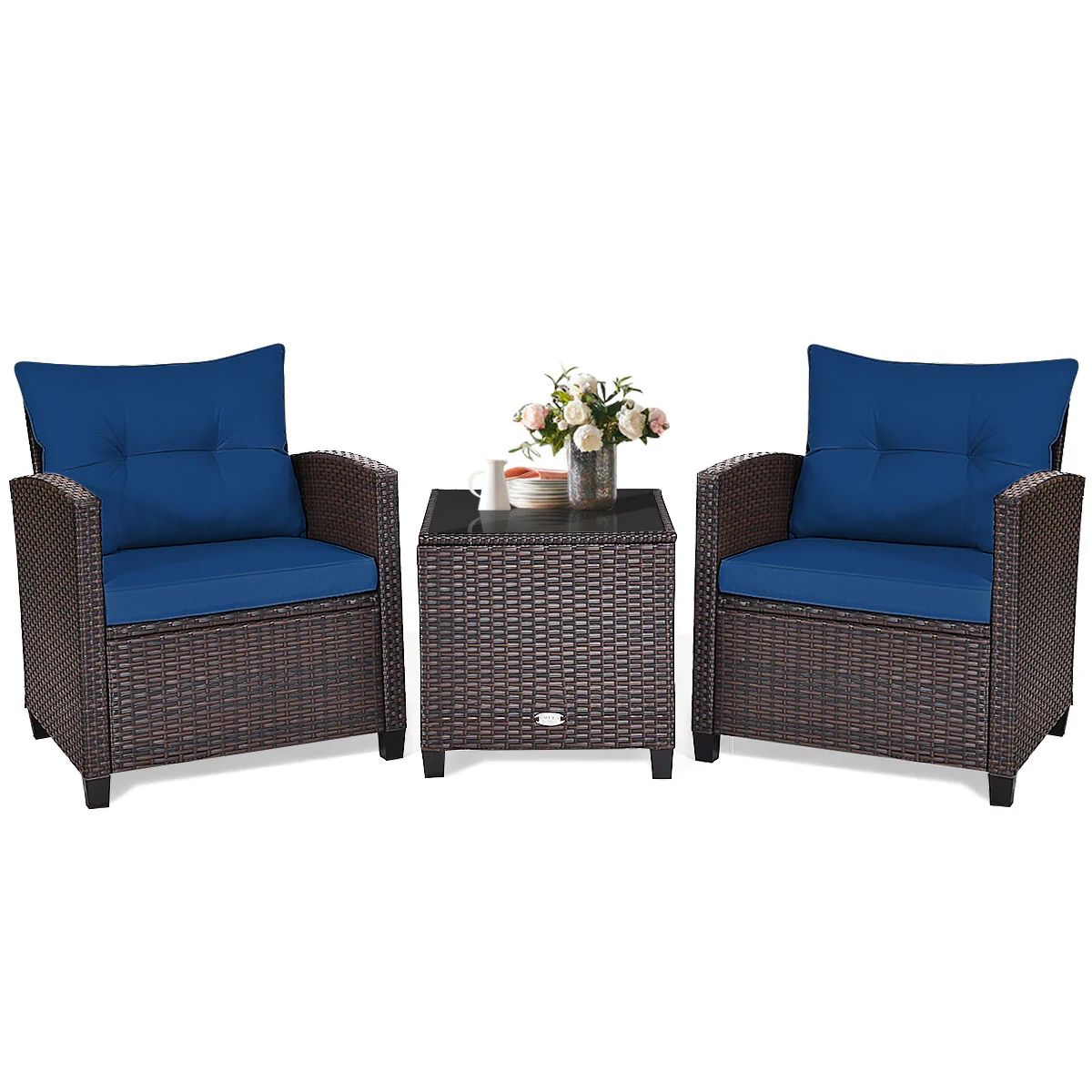 3-Piece Cushioned Rattan Patio Set With Coffee Table, Navy - Image 10