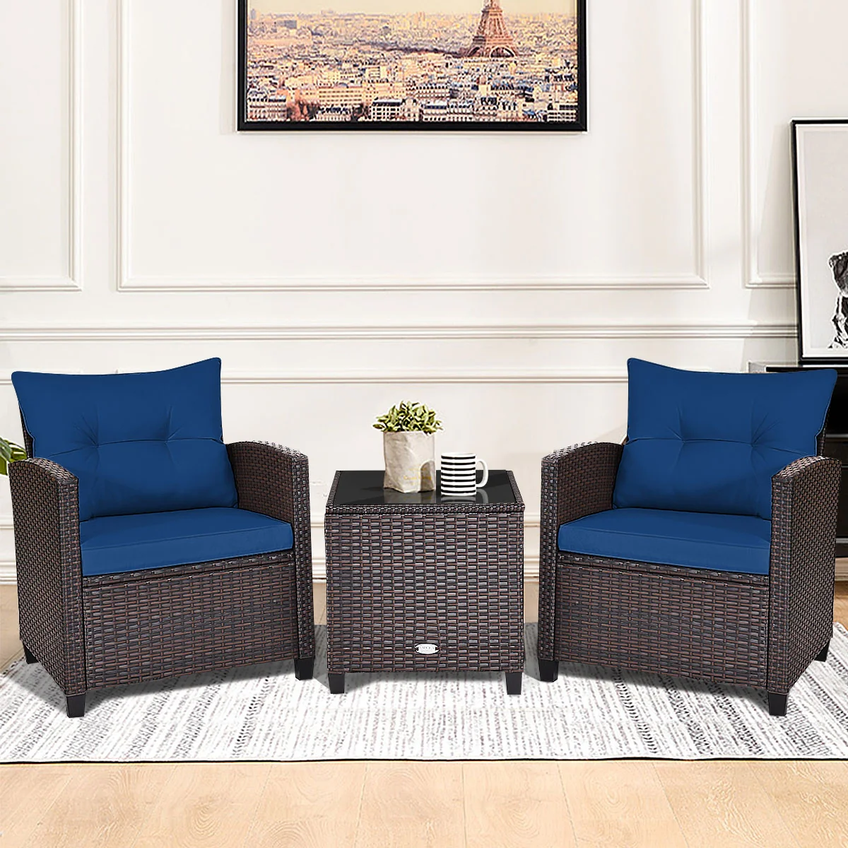 3-Piece Cushioned Rattan Patio Set With Coffee Table, Navy - Image 9