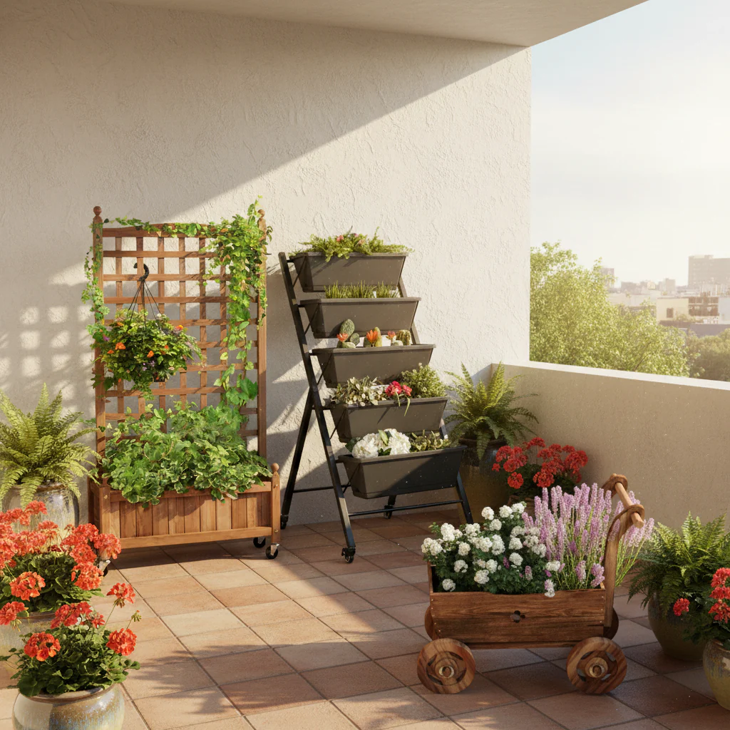 3-Piece Decorative Garden Ensemble: Mobile Planters for a Lush Oasis - Image 2