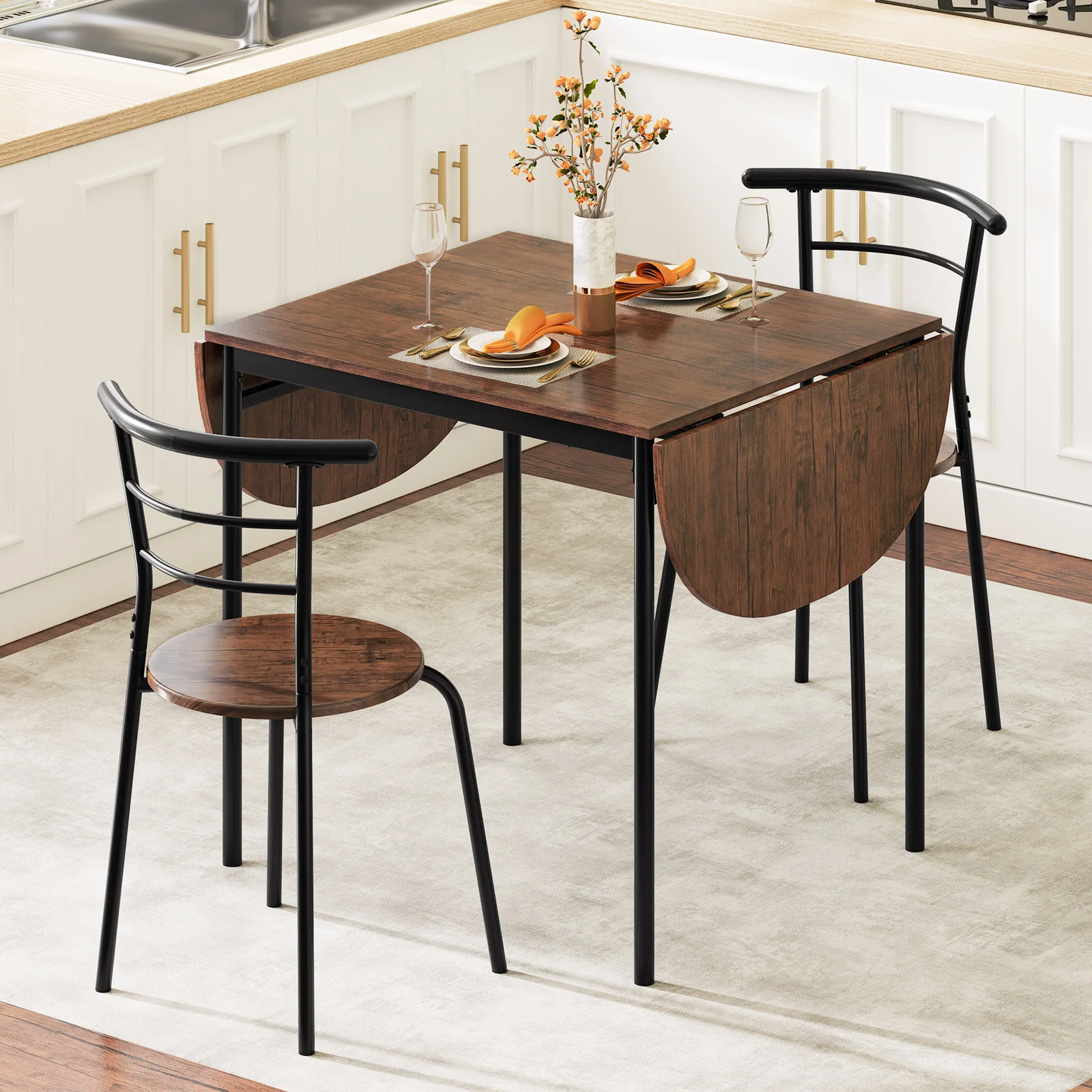 3-Piece Dining Set, 2 Chairs, Modern Kitchen Table, Brown - Image 2
