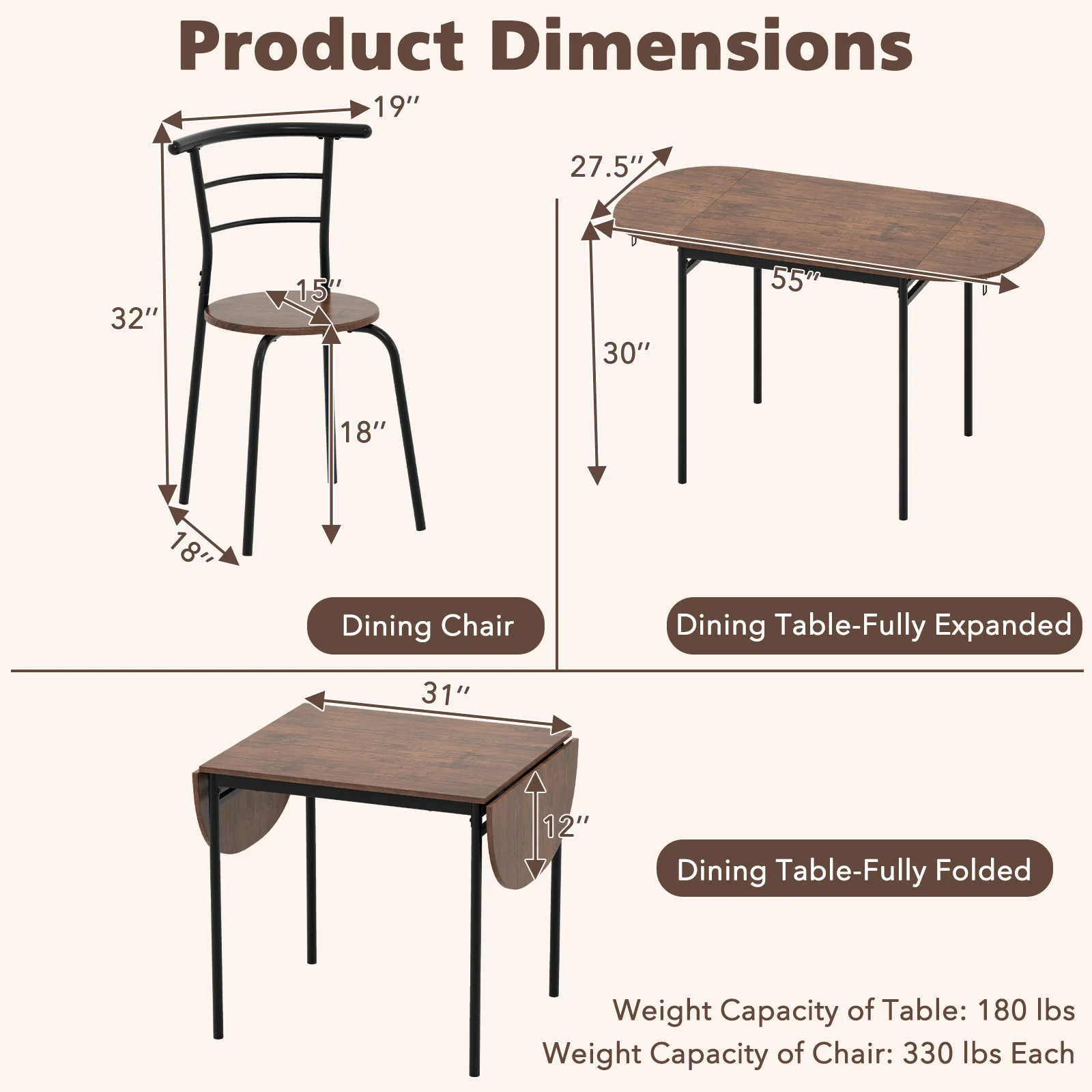 3-Piece Dining Set, 2 Chairs, Modern Kitchen Table, Brown - Image 6