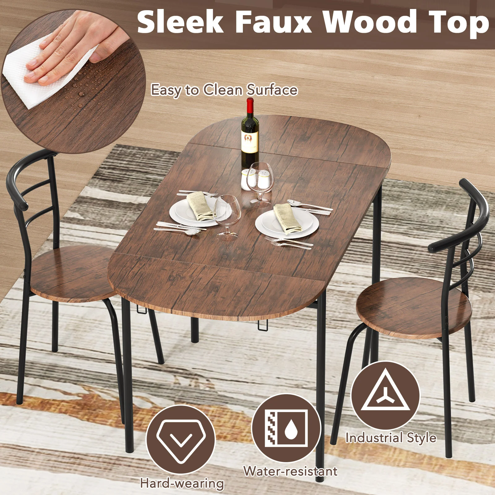 3-Piece Dining Set, 2 Chairs, Modern Kitchen Table, Brown - Image 8