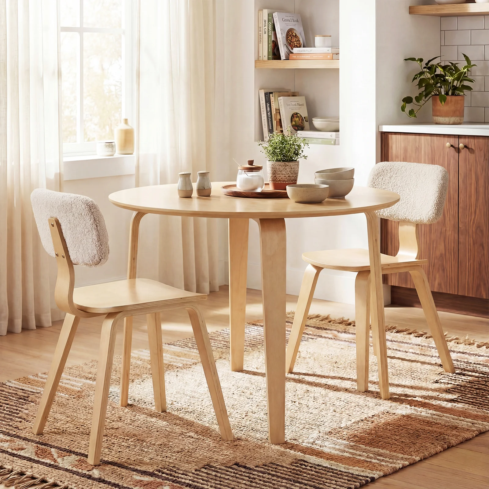 3 Piece Dining Table Set, 2 Padded Chairs, Rubber Wood Table, Natural - Image 2