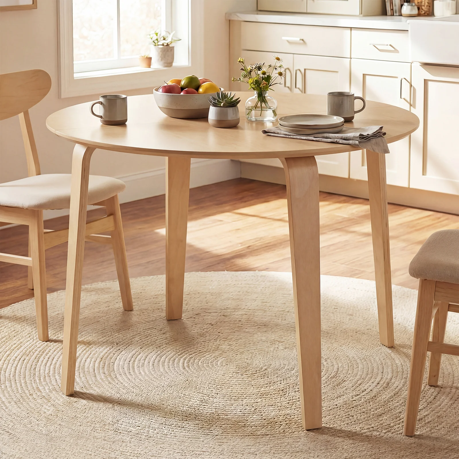 3 Piece Dining Table Set, 2 Padded Chairs, Rubber Wood Table, Natural - Image 3