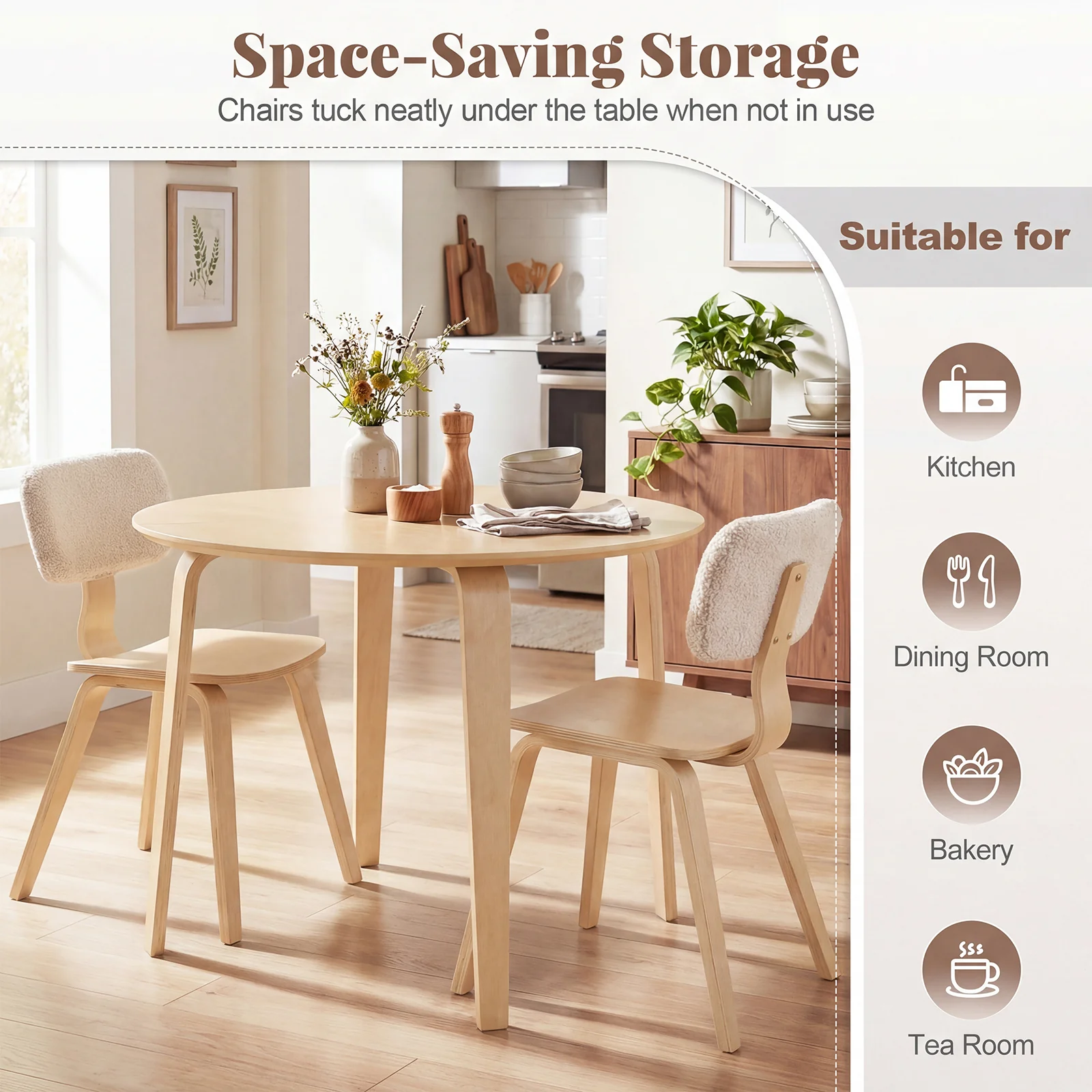 3 Piece Dining Table Set, 2 Padded Chairs, Rubber Wood Table, Natural - Image 5