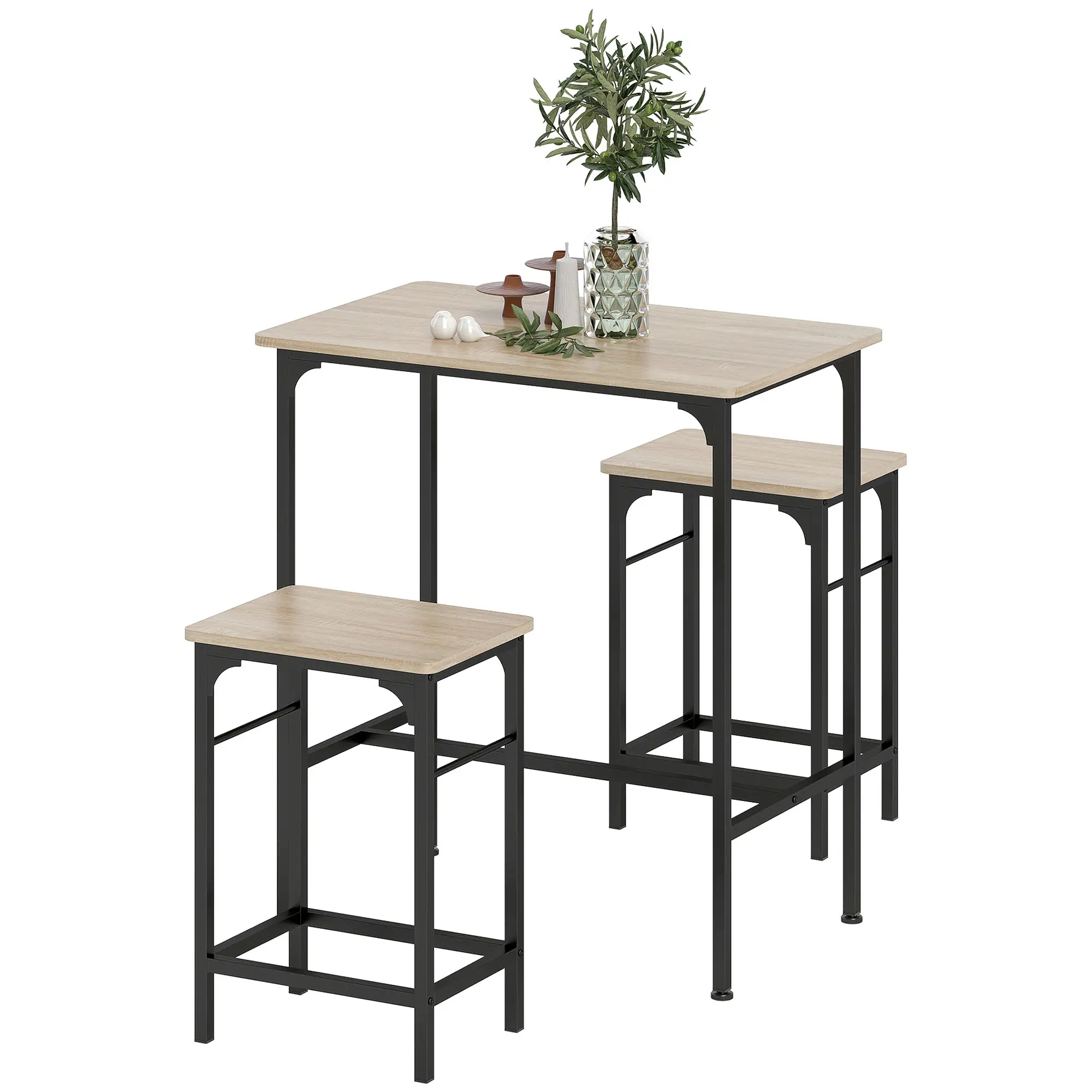 3-Piece Dining Table Set, 2 Stools, Natural Wood, Kitchen Living Room