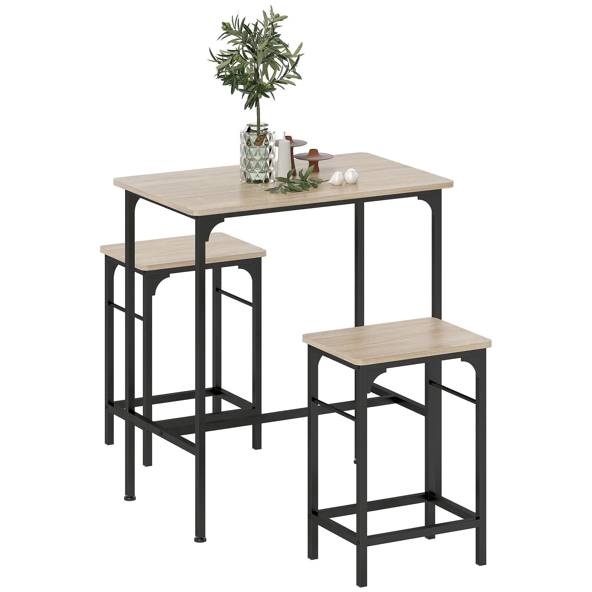3-Piece Dining Table Set, 2 Stools, Natural Wood, Kitchen Living Room - Image 11
