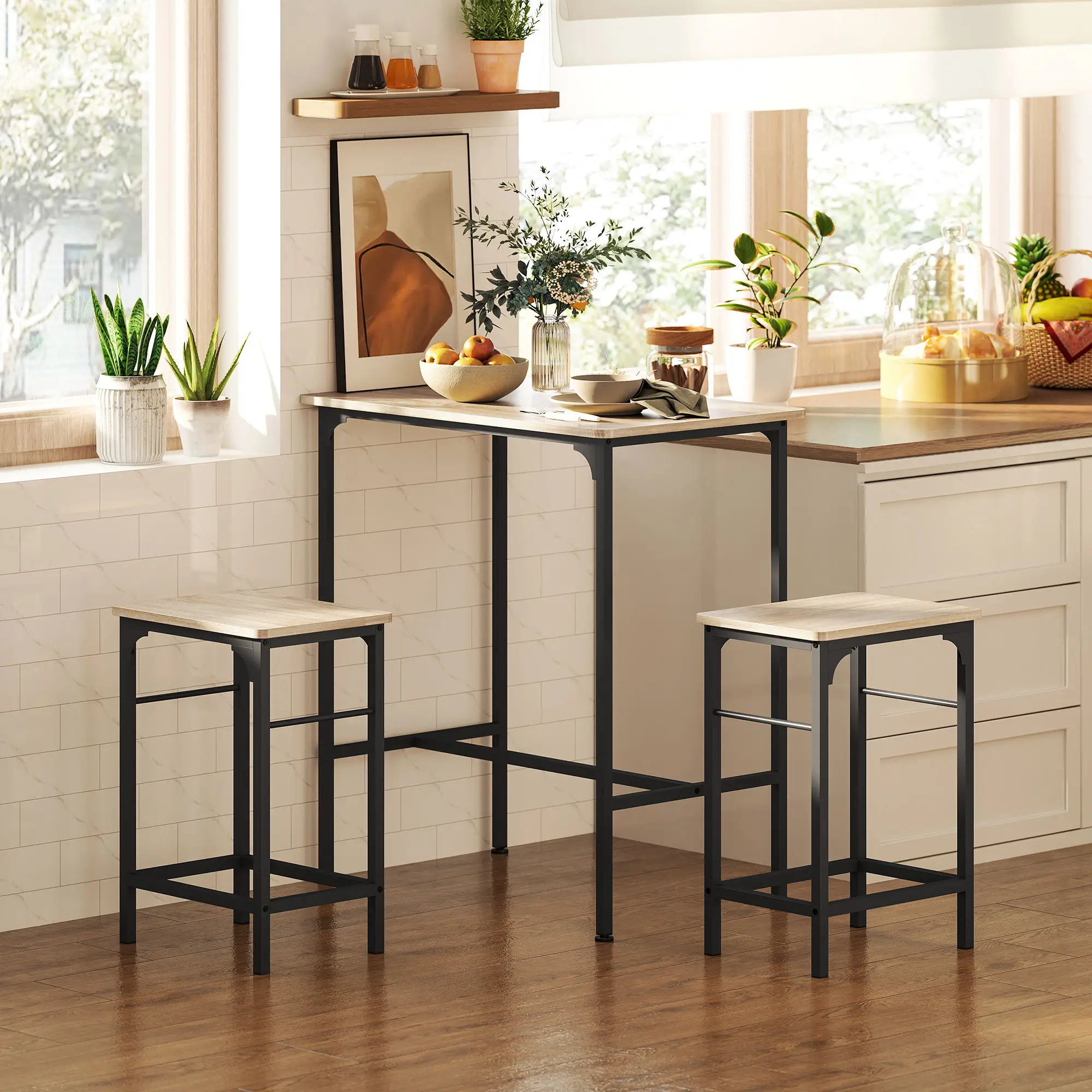 3-Piece Dining Table Set, 2 Stools, Natural Wood, Kitchen Living Room - Image 2