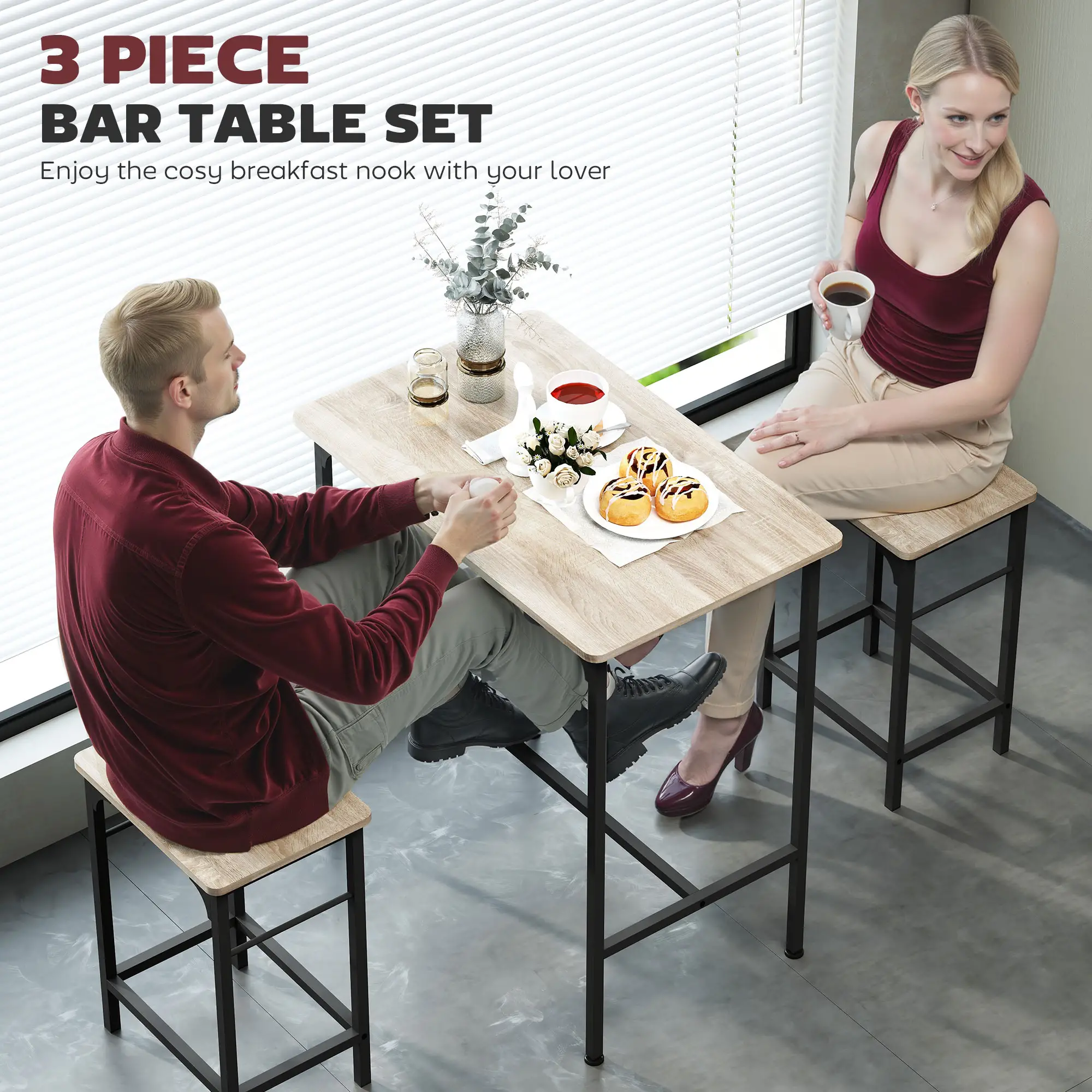 3-Piece Dining Table Set, 2 Stools, Natural Wood, Kitchen Living Room - Image 4