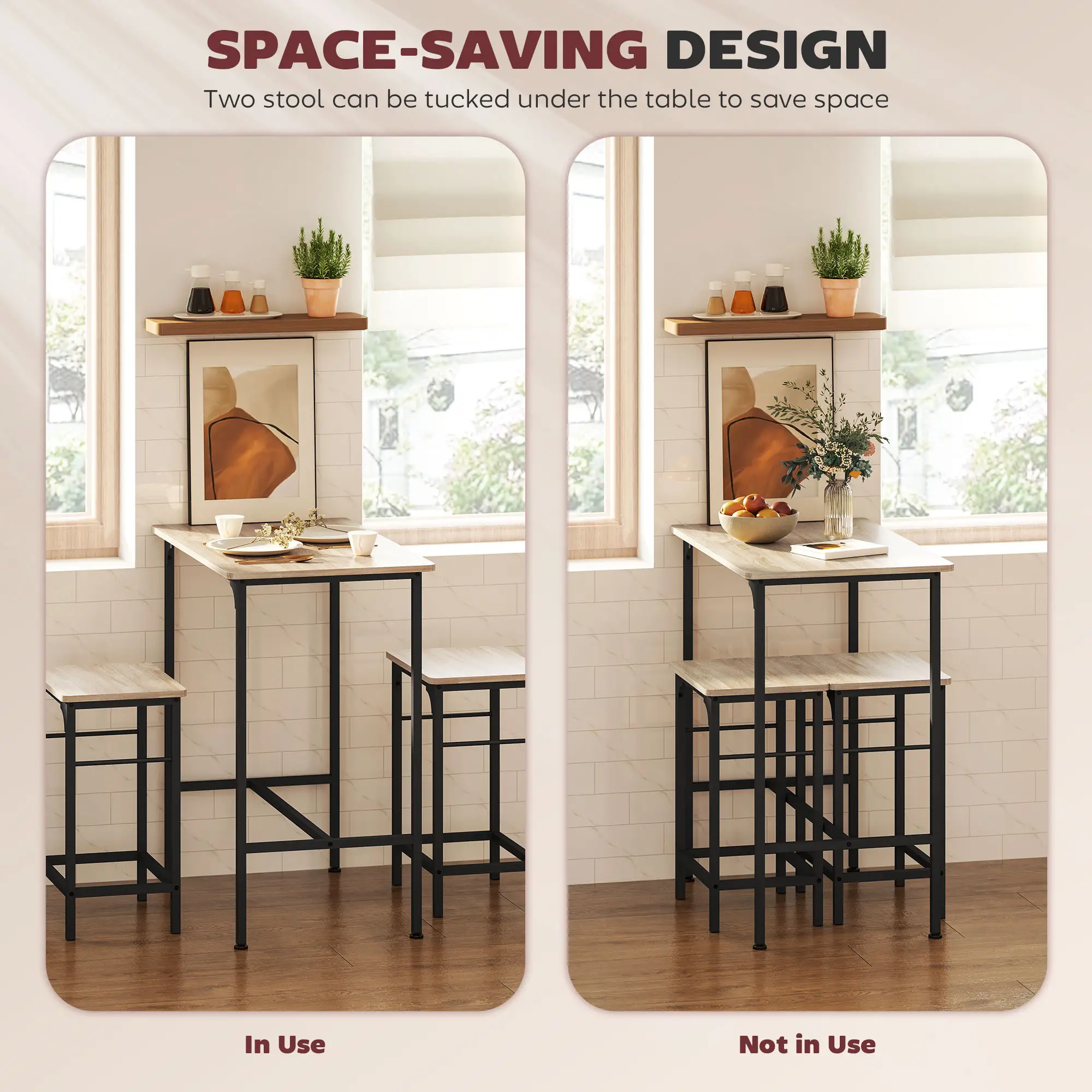 3-Piece Dining Table Set, 2 Stools, Natural Wood, Kitchen Living Room - Image 5