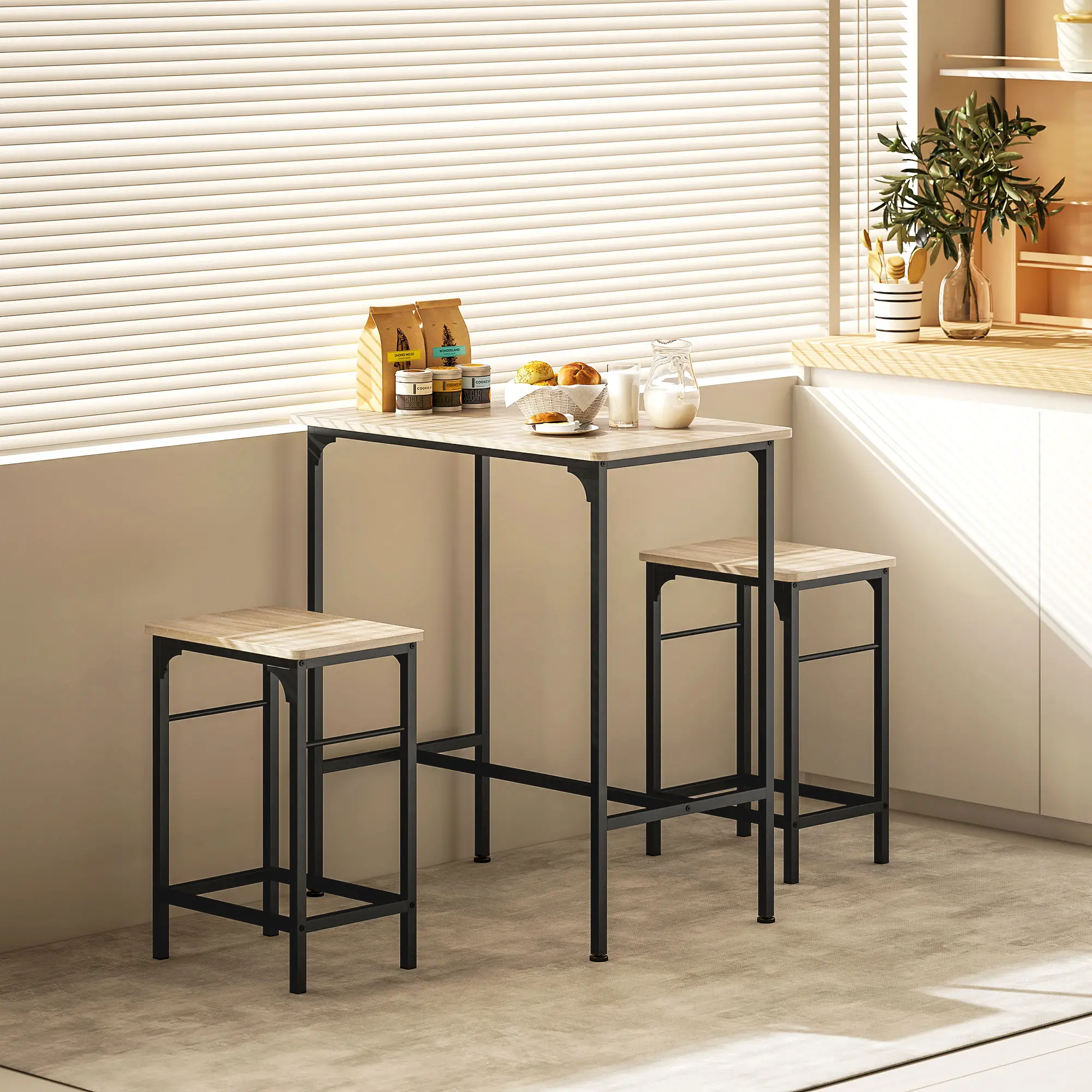 3-Piece Dining Table Set, 2 Stools, Natural Wood, Kitchen Living Room - Image 8