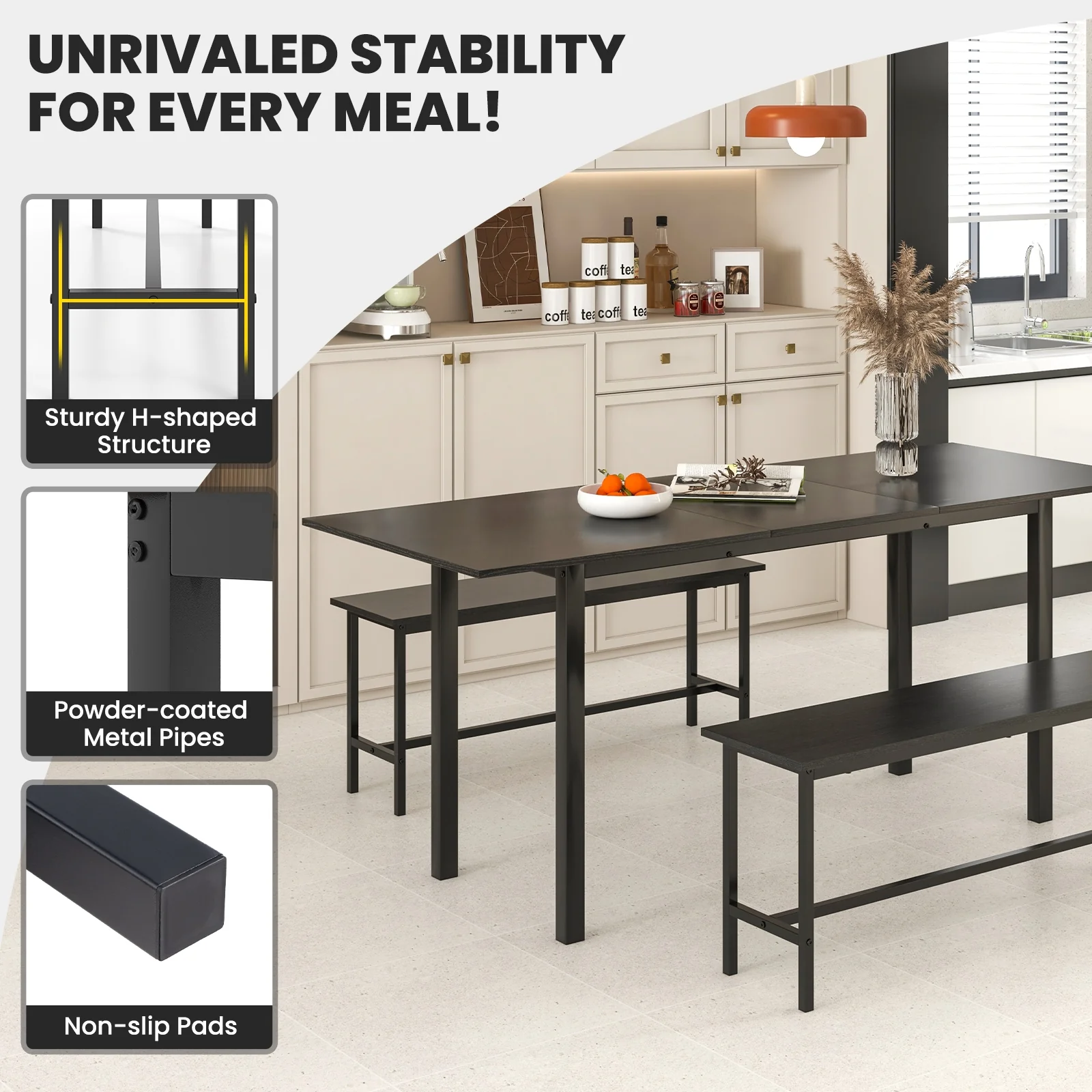 3 Piece Dining Table Set For 4-6, 2 Benches, Black - Image 10