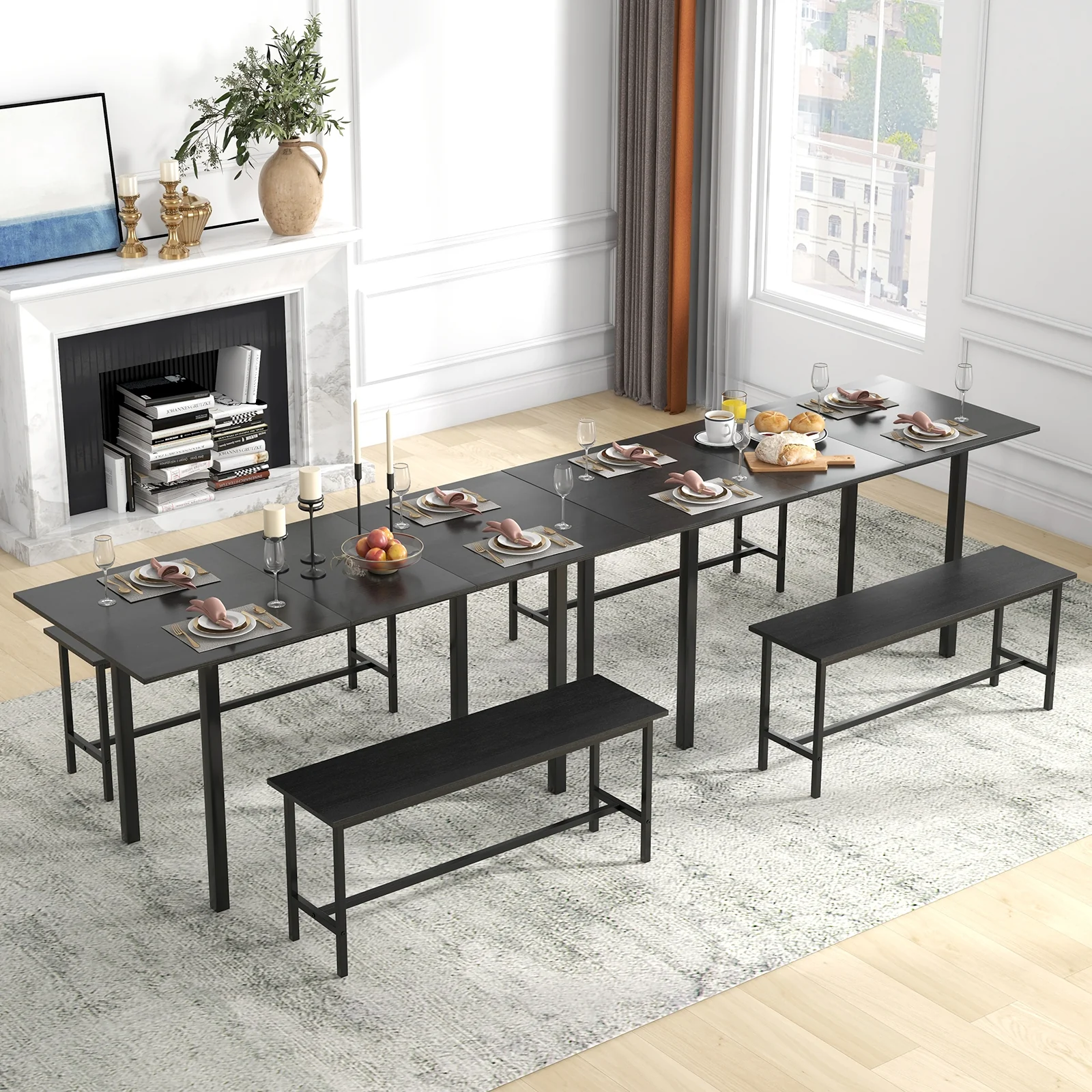 3 Piece Dining Table Set For 4-6, 2 Benches, Black - Image 8