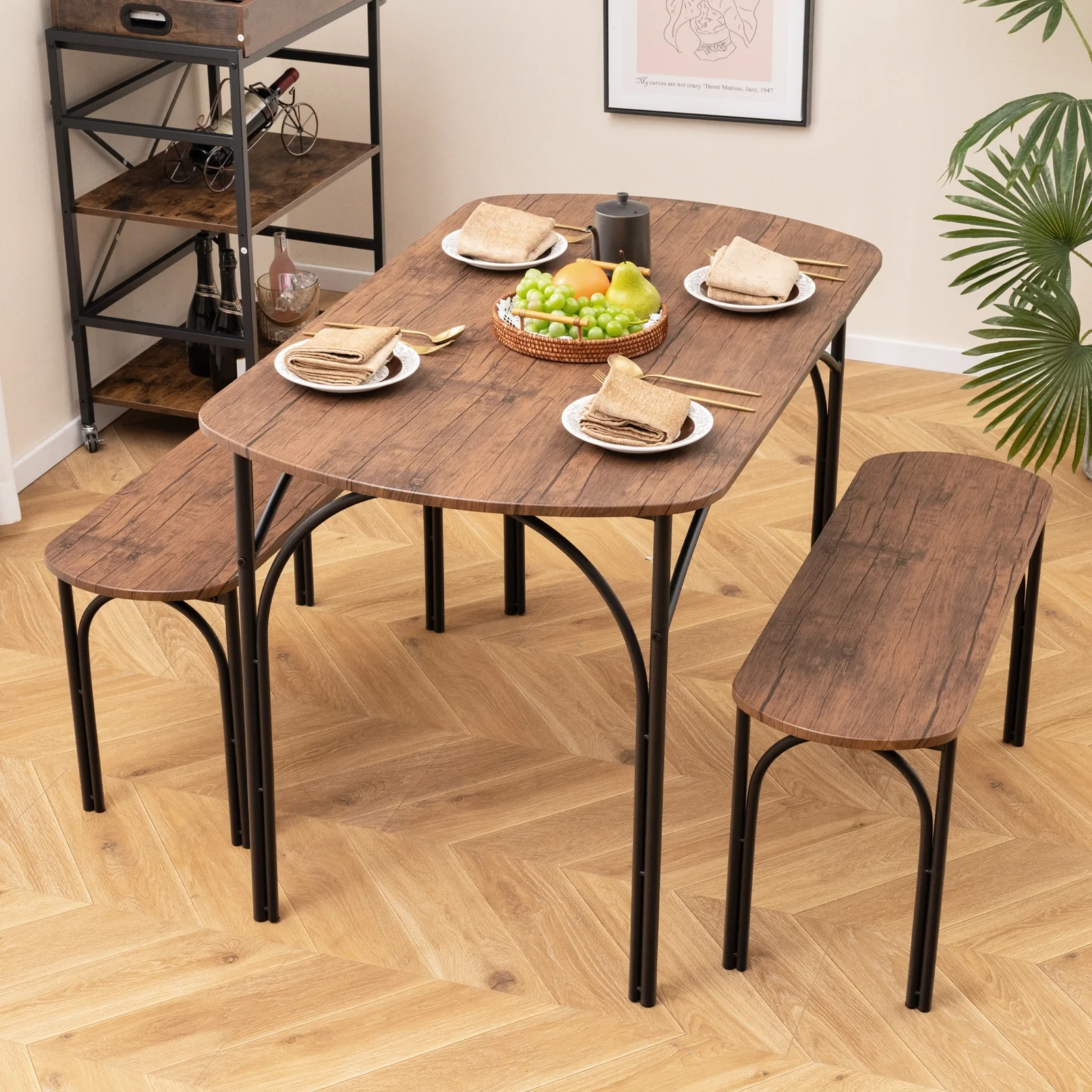 3-Piece Dining Table Set For 4, Metal Frame, Brown - Image 2
