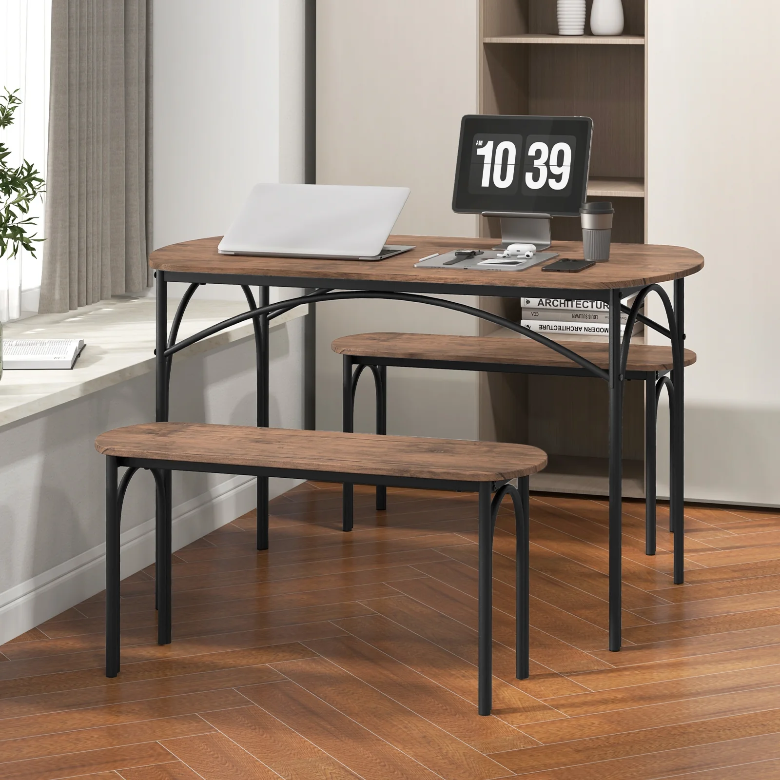 3-Piece Dining Table Set For 4, Metal Frame, Brown - Image 3