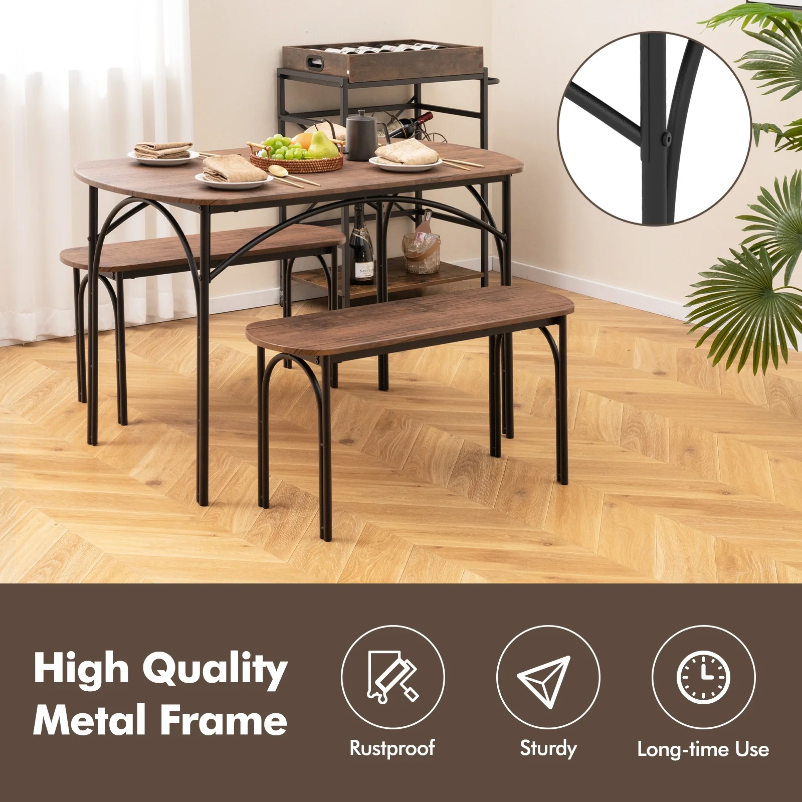 3-Piece Dining Table Set For 4, Metal Frame, Brown - Image 8
